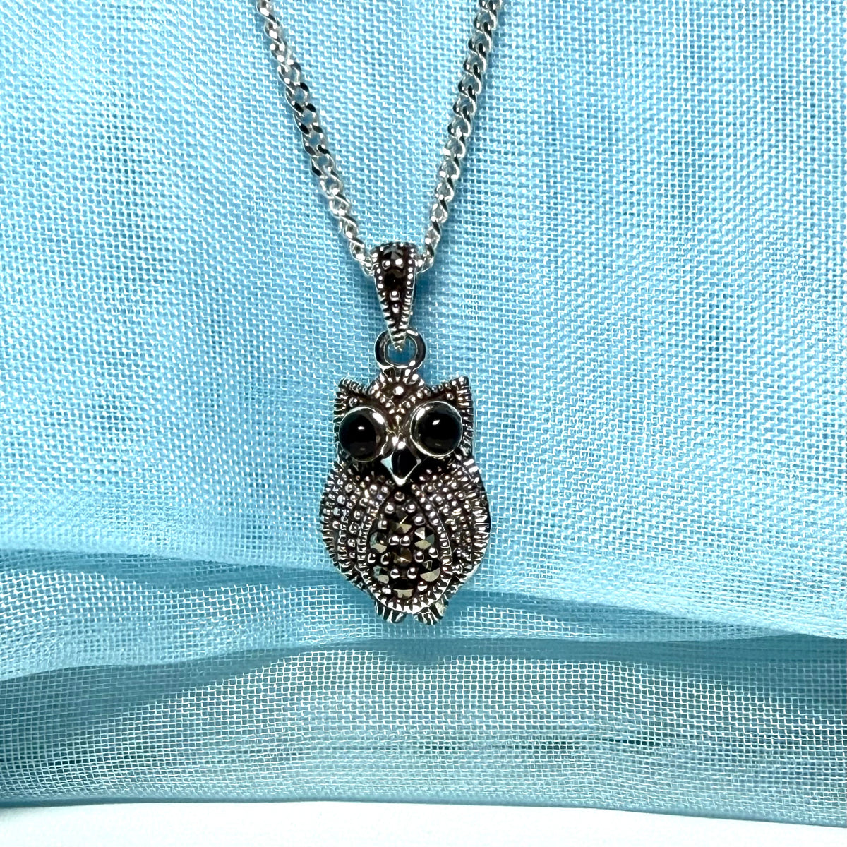 Small owl shaped necklace with real black agate and real marcasite sparking pendant with chain