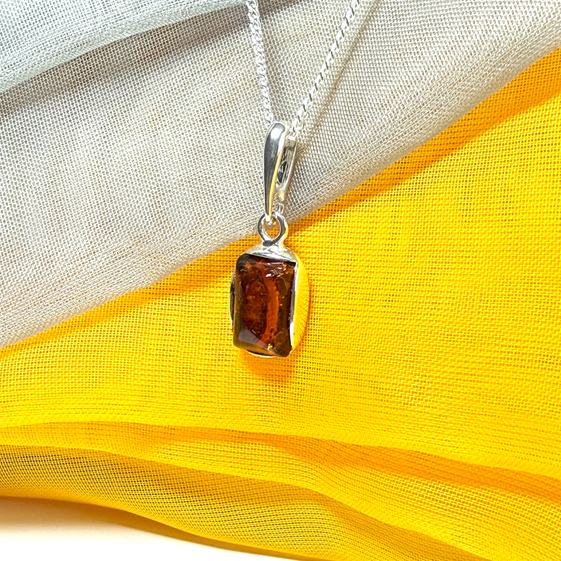 Small square necklace rectangle shaped amber pendant