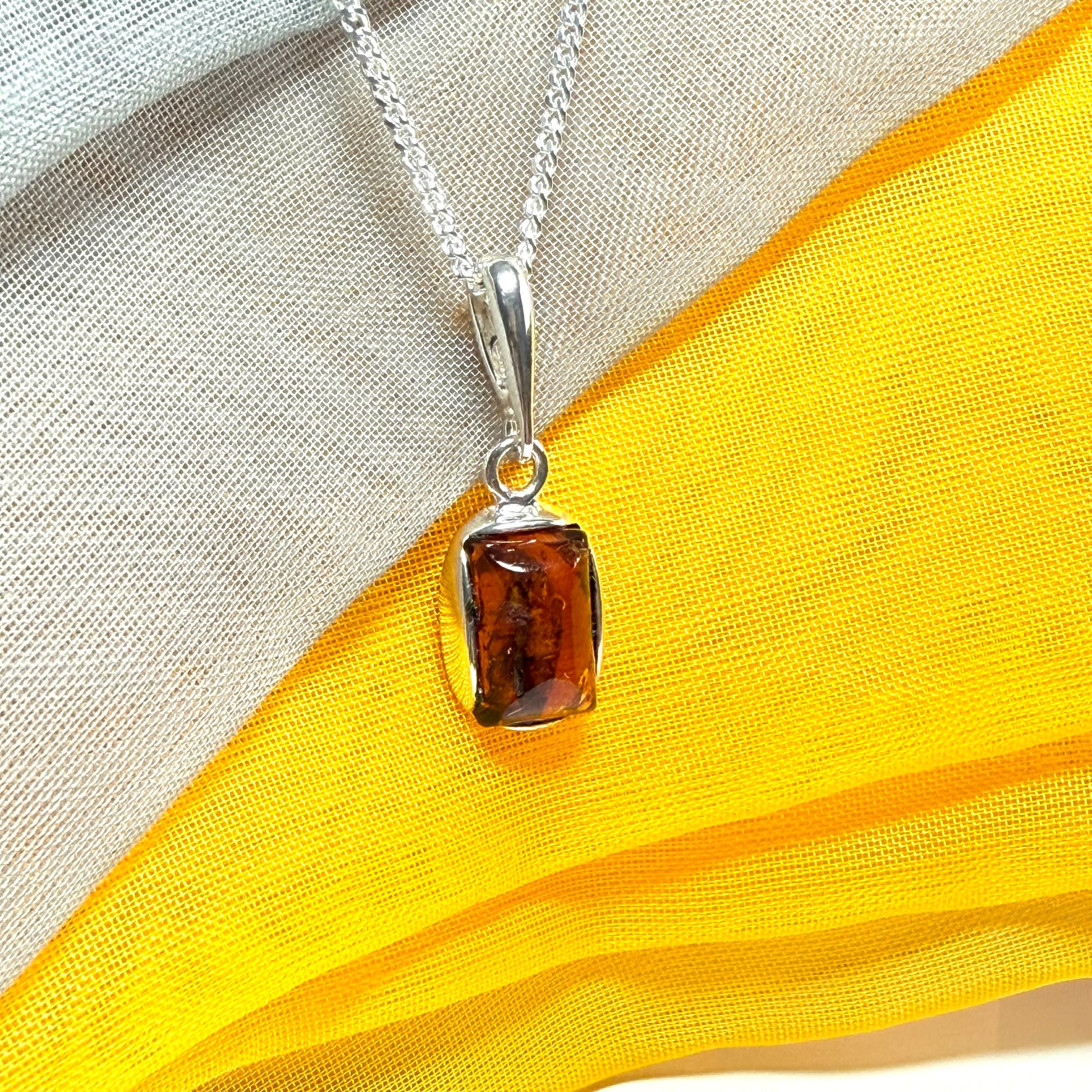 Small square necklace rectangle shaped amber pendant