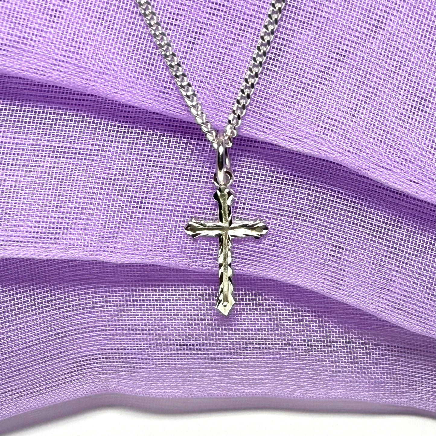 Solid Sterling Silver Cross Diamond Cut Pattern Including Chain