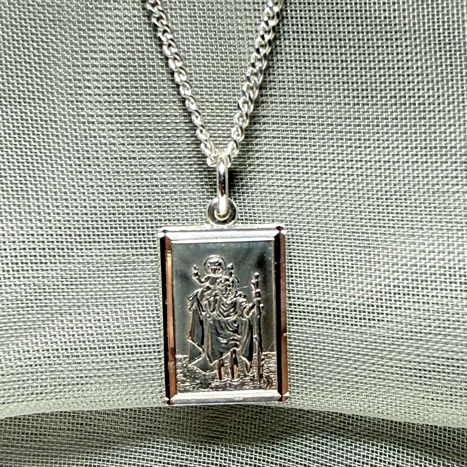Solid Sterling Silver Rectangular St. Christopher Including Chain