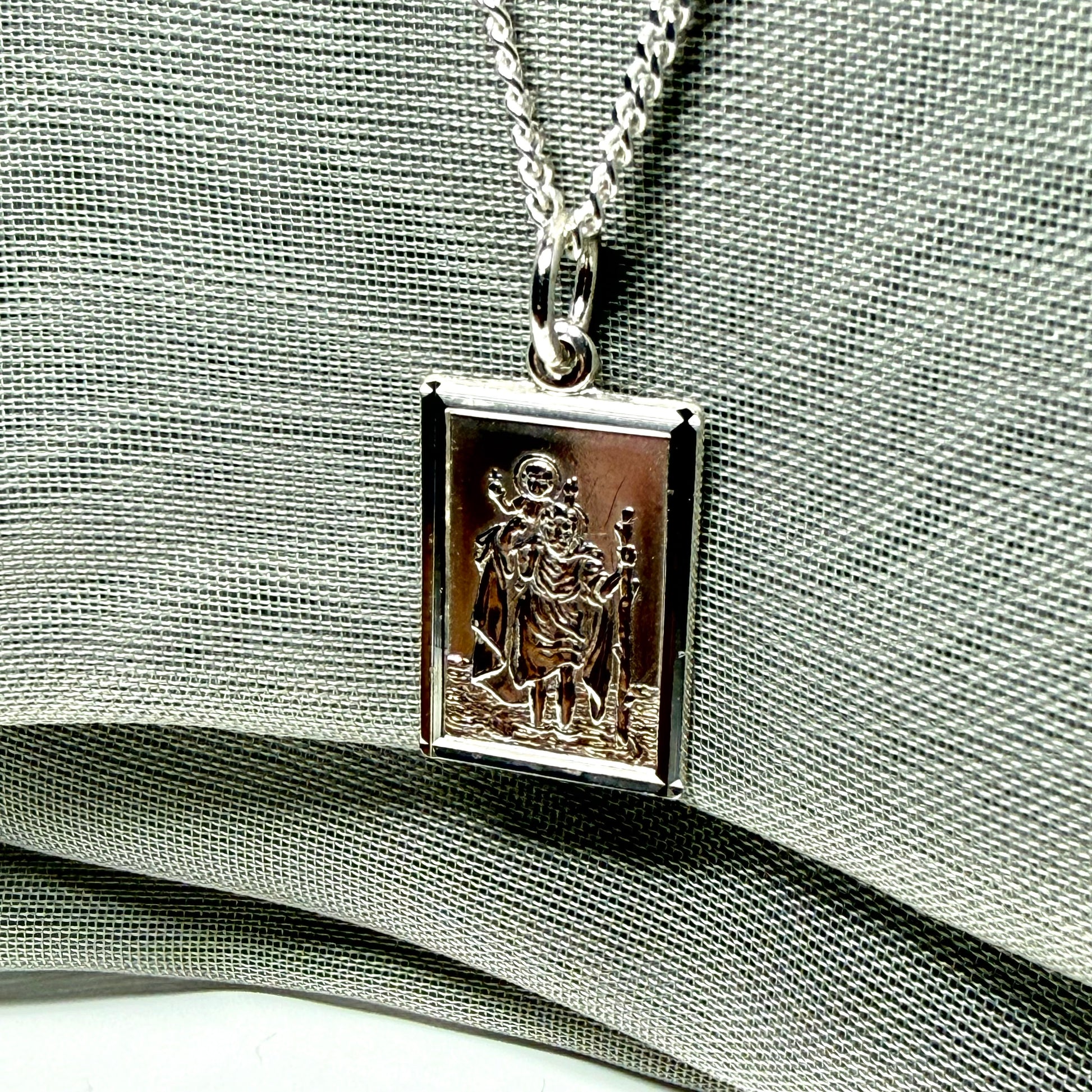 Solid Sterling Silver Rectangular St. Christopher Including Chain