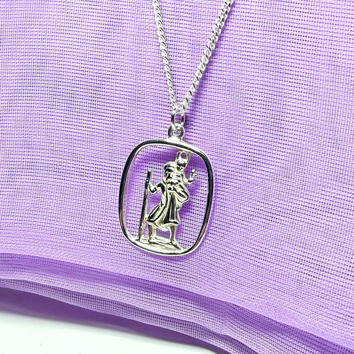 Sterling Silver cushion Shaped St. Christopher Including Chain