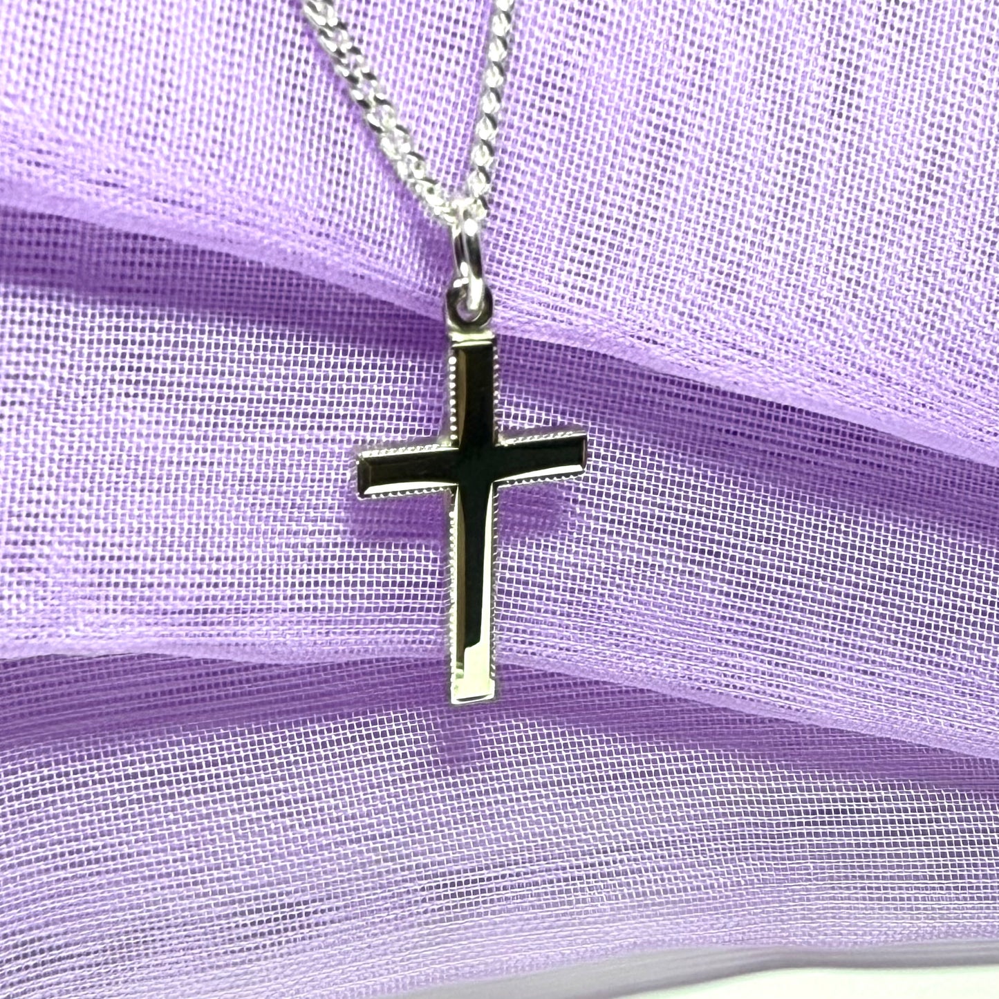 Solid sterling silver beaded edged cross with chain