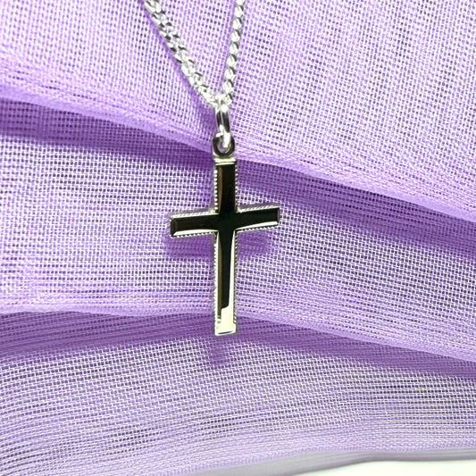 Solid sterling silver beaded edged cross with chain