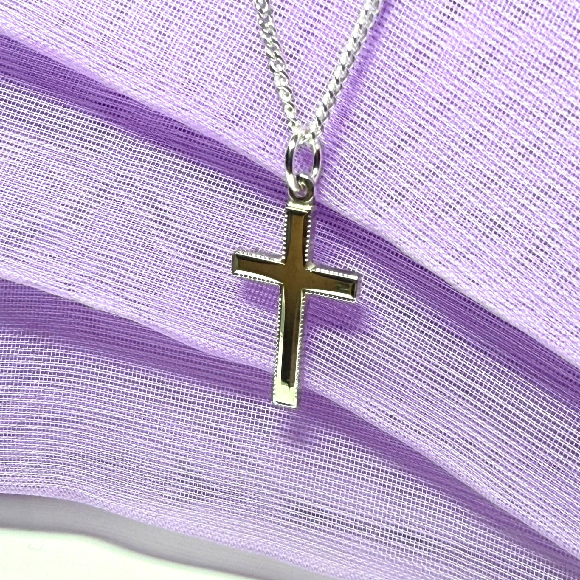 Solid sterling silver beaded edged cross with chain