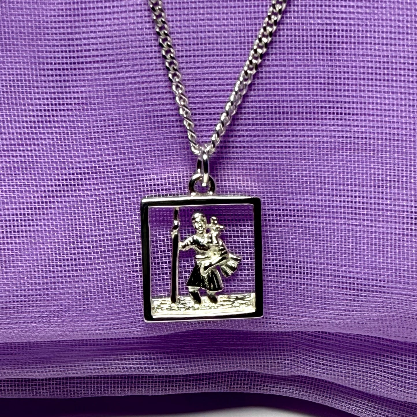 Square Sterling Silver Pierced St. Christopher Including Chain