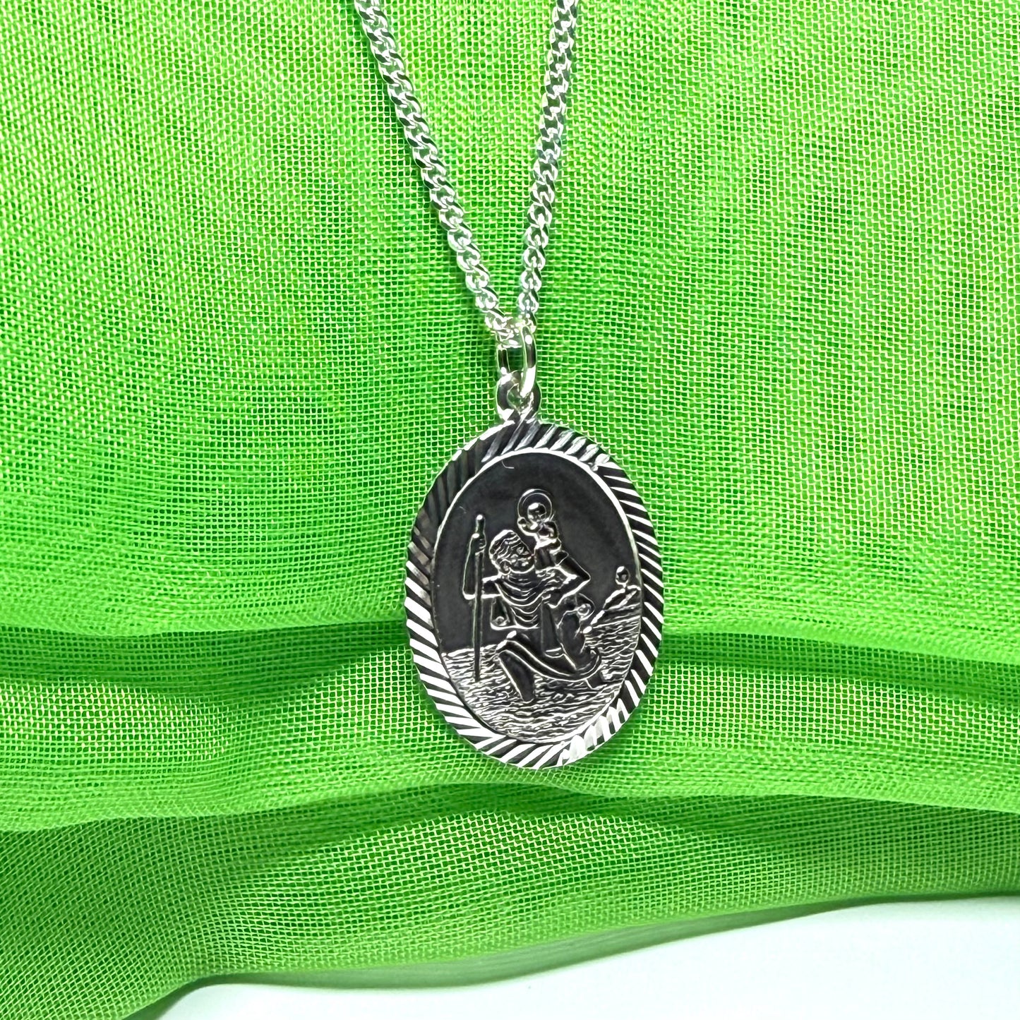 Sterling Silver Oval St. Christopher Including Chain Diamond Cut Edges