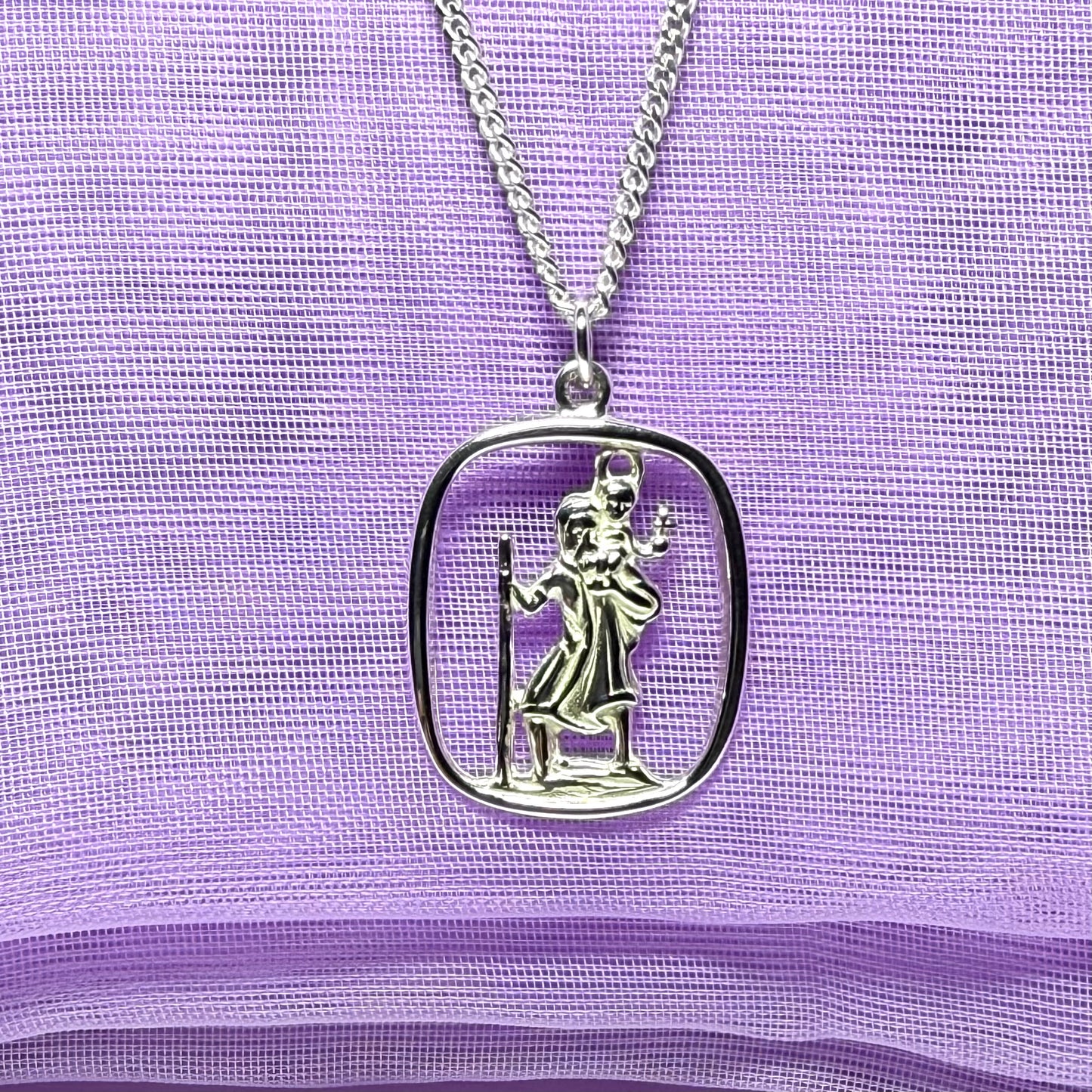 Sterling Silver cushion Shaped St. Christopher Including Chain