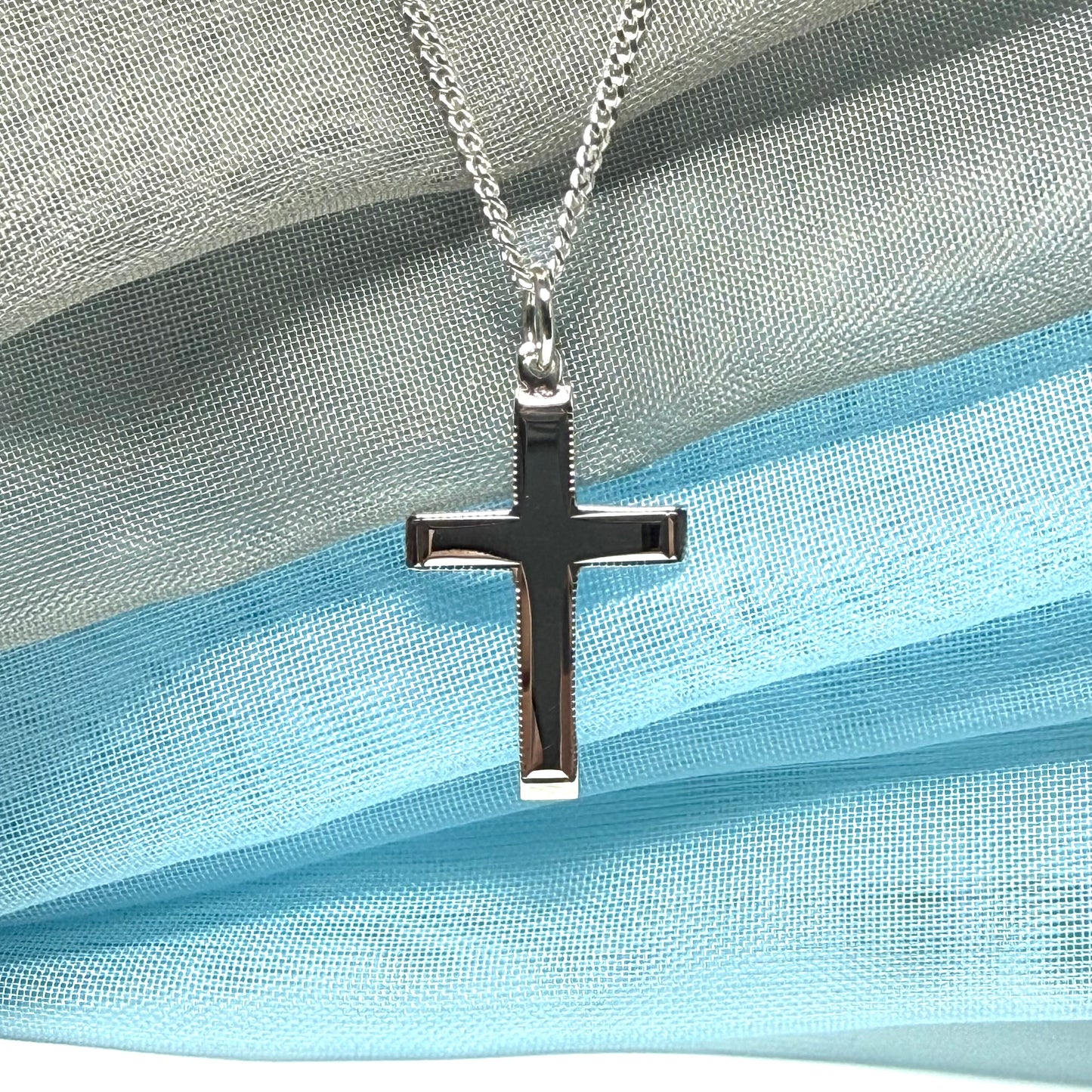 Sterling silver beaded edged cross with chain solid