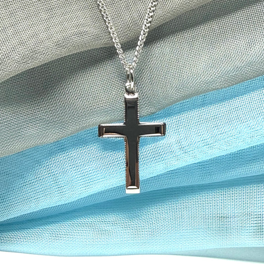Sterling silver beaded edged cross with chain solid