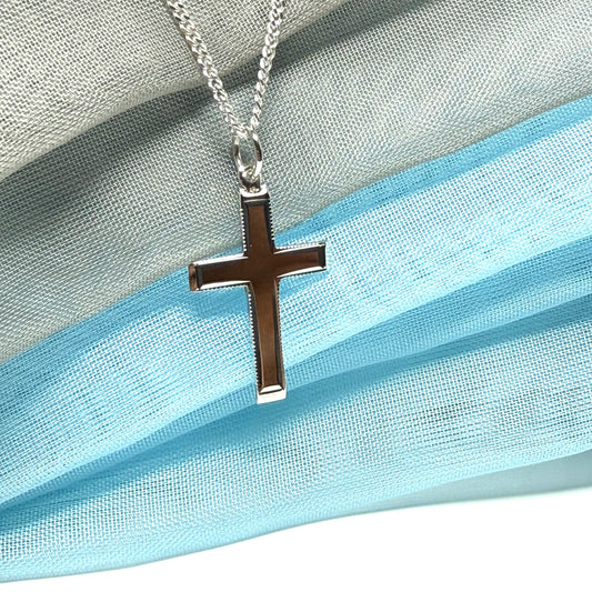 Sterling silver beaded edged solid cross with chain