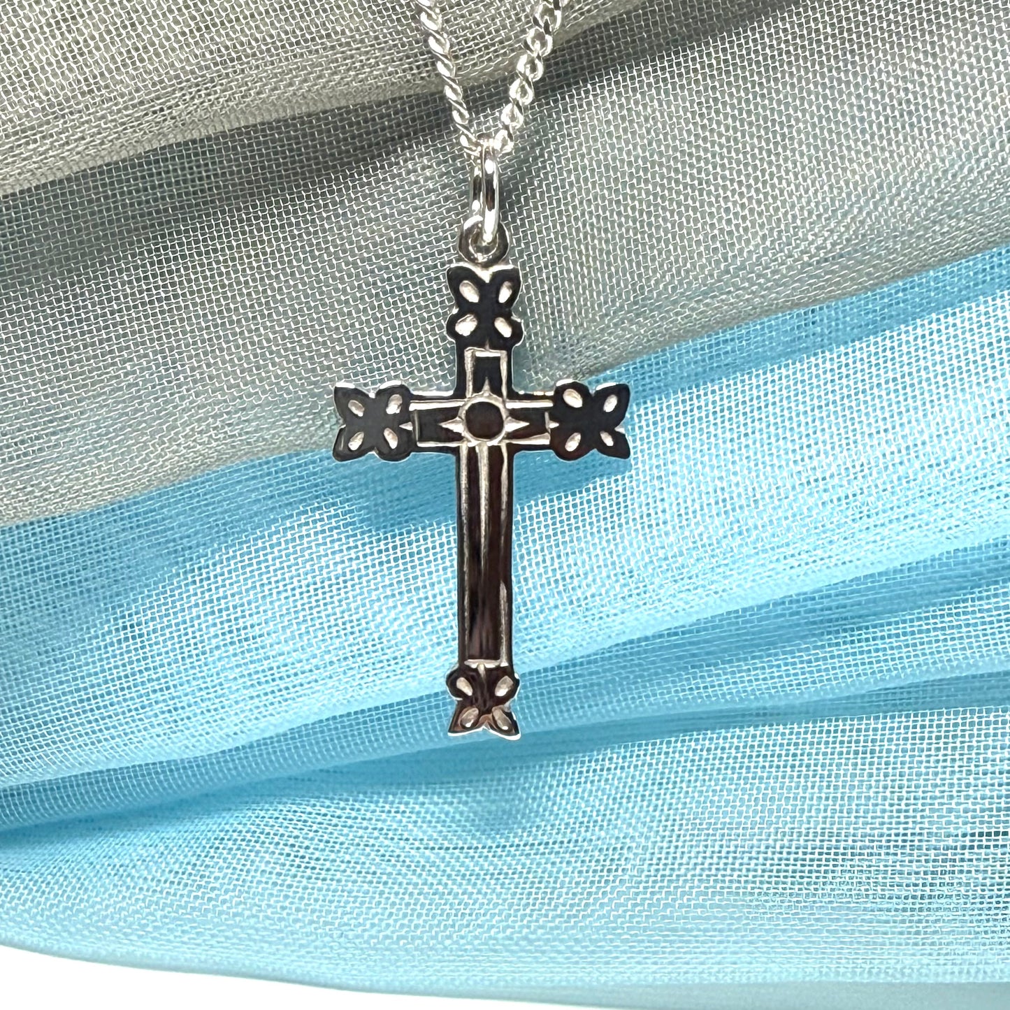 Sterling silver fancy solid patterned cross and chain