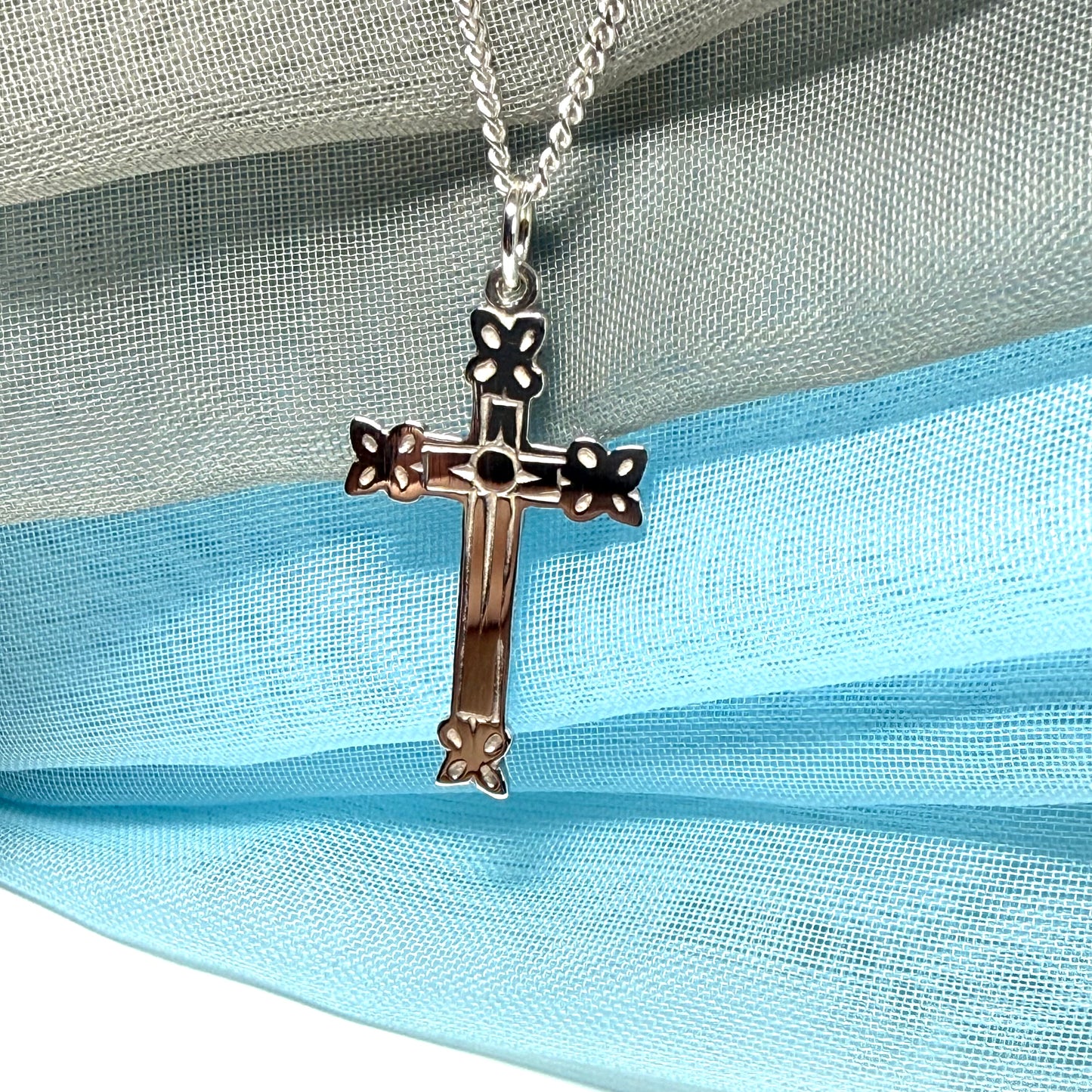 Sterling silver fancy solid patterned cross and chain