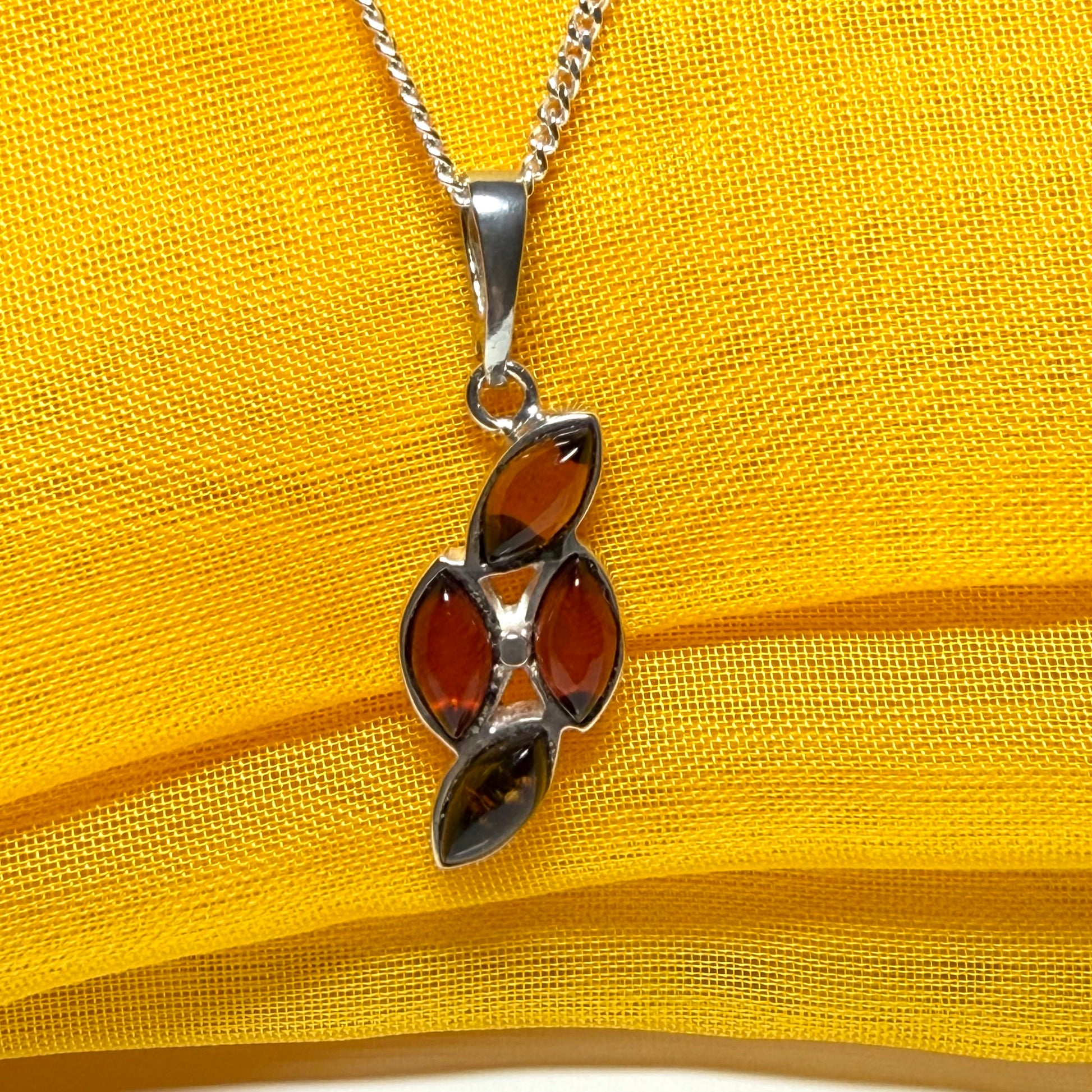 Sterling silver real amber marquise shaped necklace four stone pendant