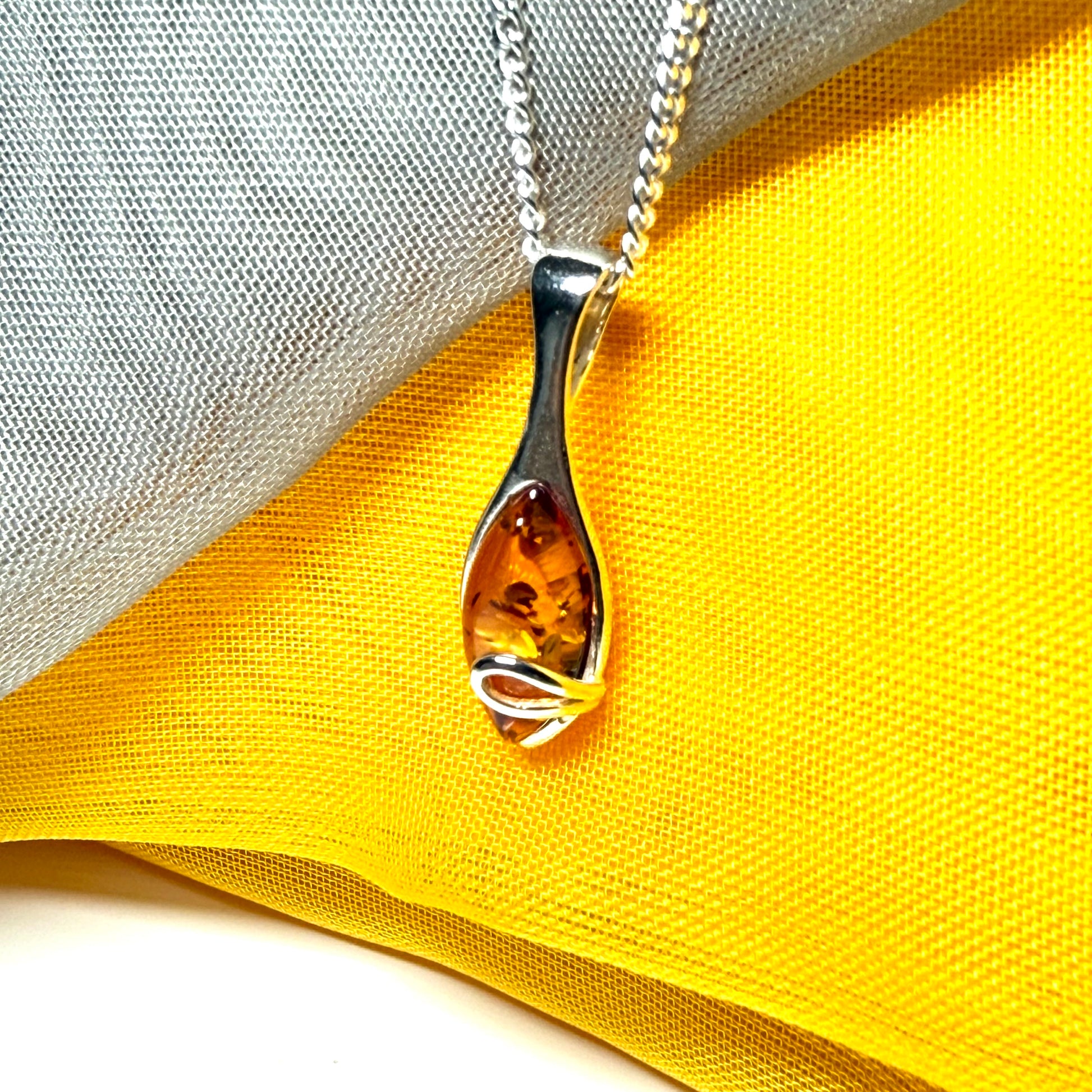 Sterling silver real amber marquise shape necklace swirl pendant with chain