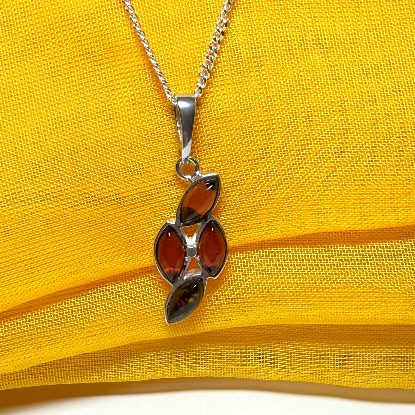 Sterling silver real amber marquise shaped necklace four stone pendant