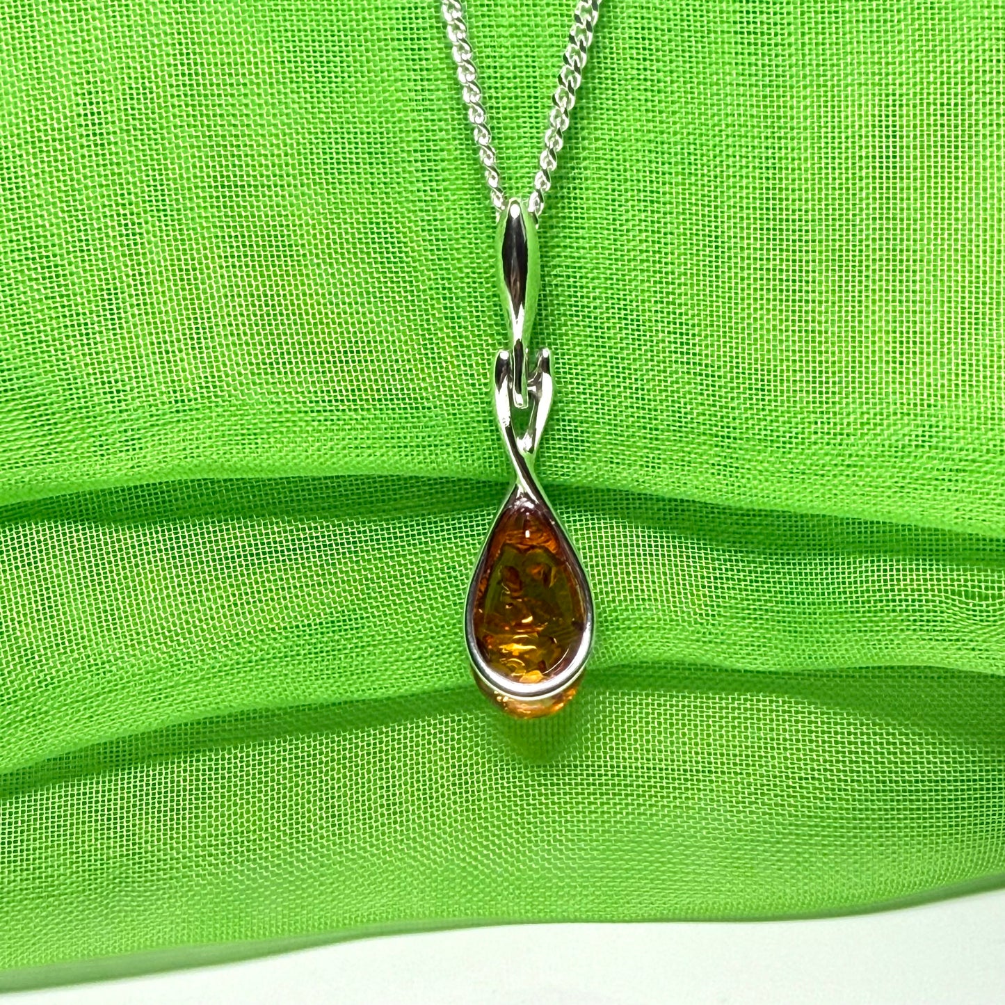 Sterling silver real amber pear necklace open teardrop shaped pendant