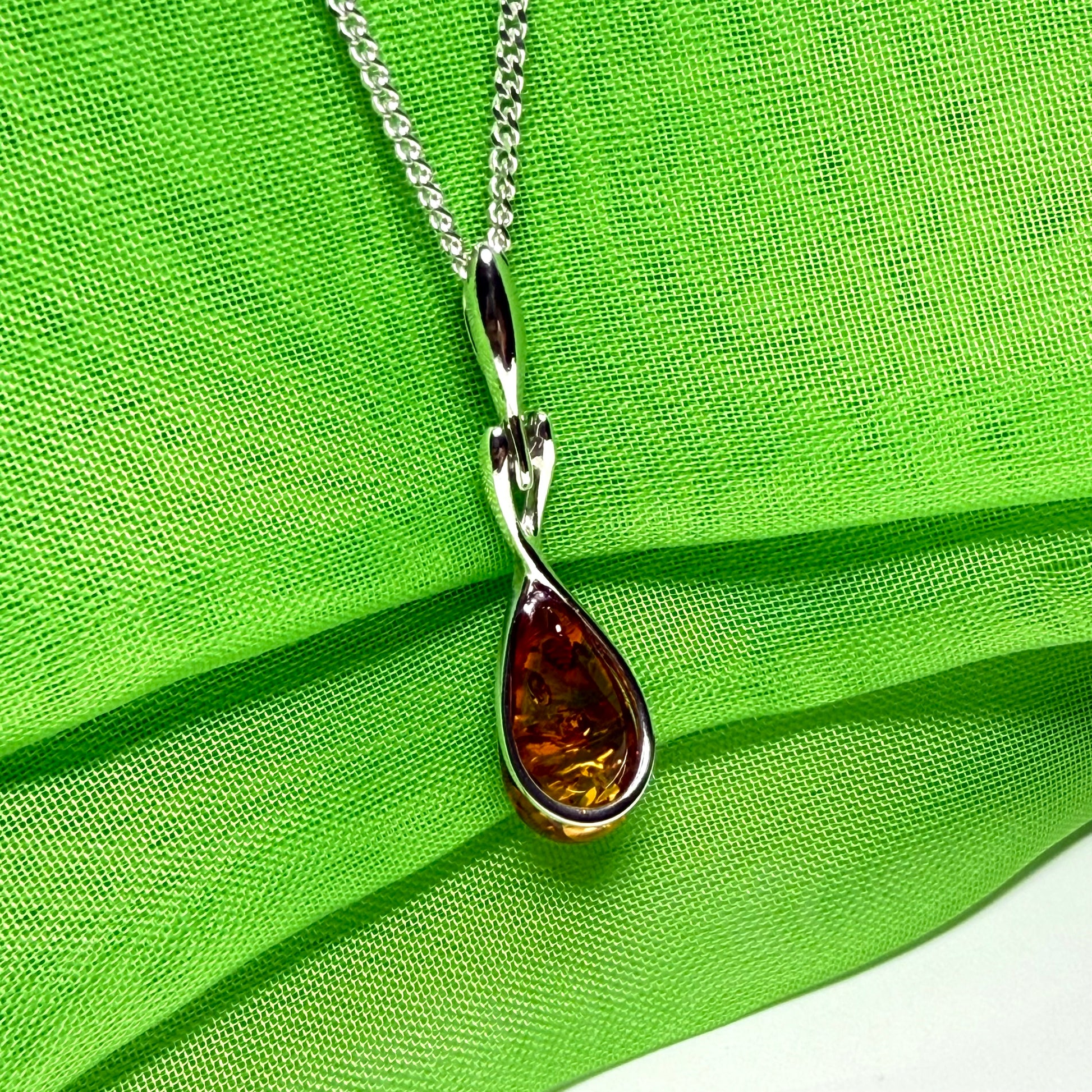Sterling silver real amber pear necklace open teardrop shaped pendant