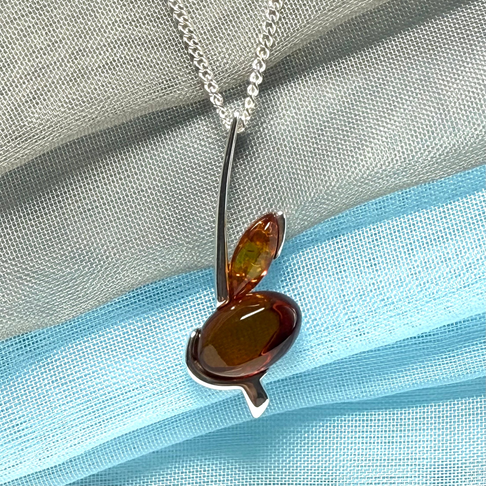 Sterling silver real amber shape necklace double pendant