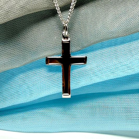 Sterling silver solid beaded edged cross with chain