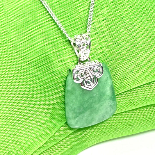 A Stunning real jade necklace green sterling silver large cushion shaped, a really gorgeous design