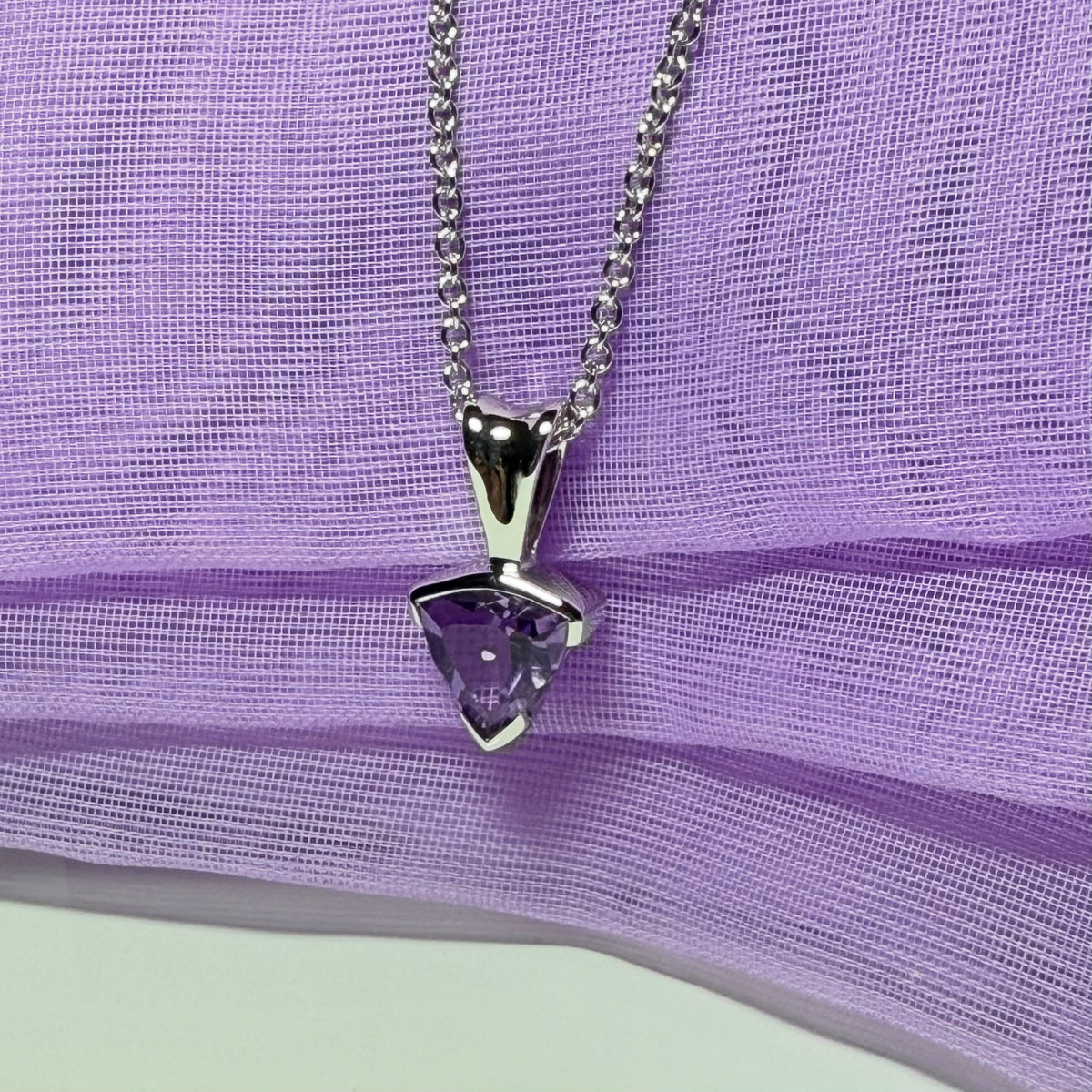 Triangle shaped real purple amethyst necklace sterling silver pendant