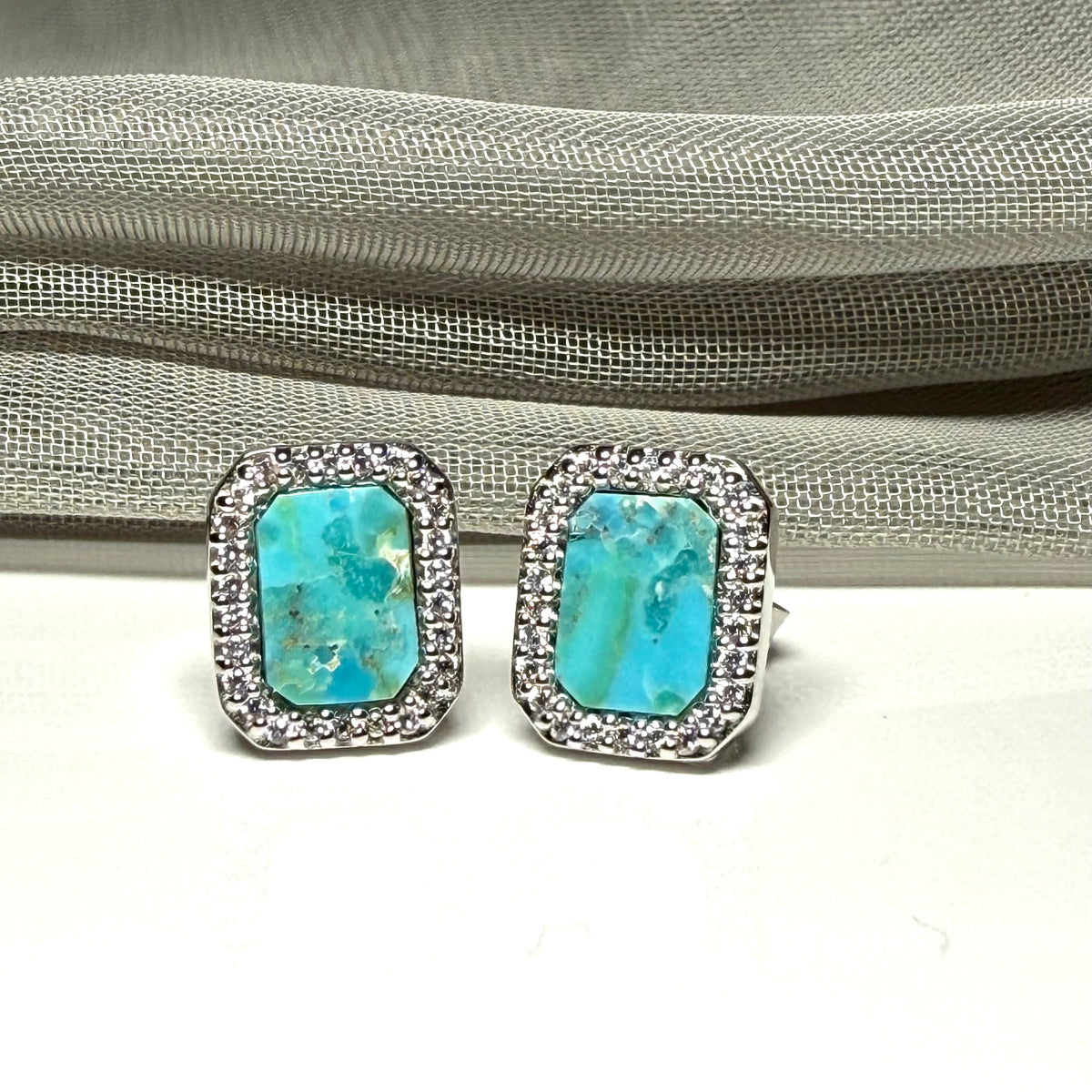 Turquoise and cubic zirconia blue green square stud earrings sterling silver