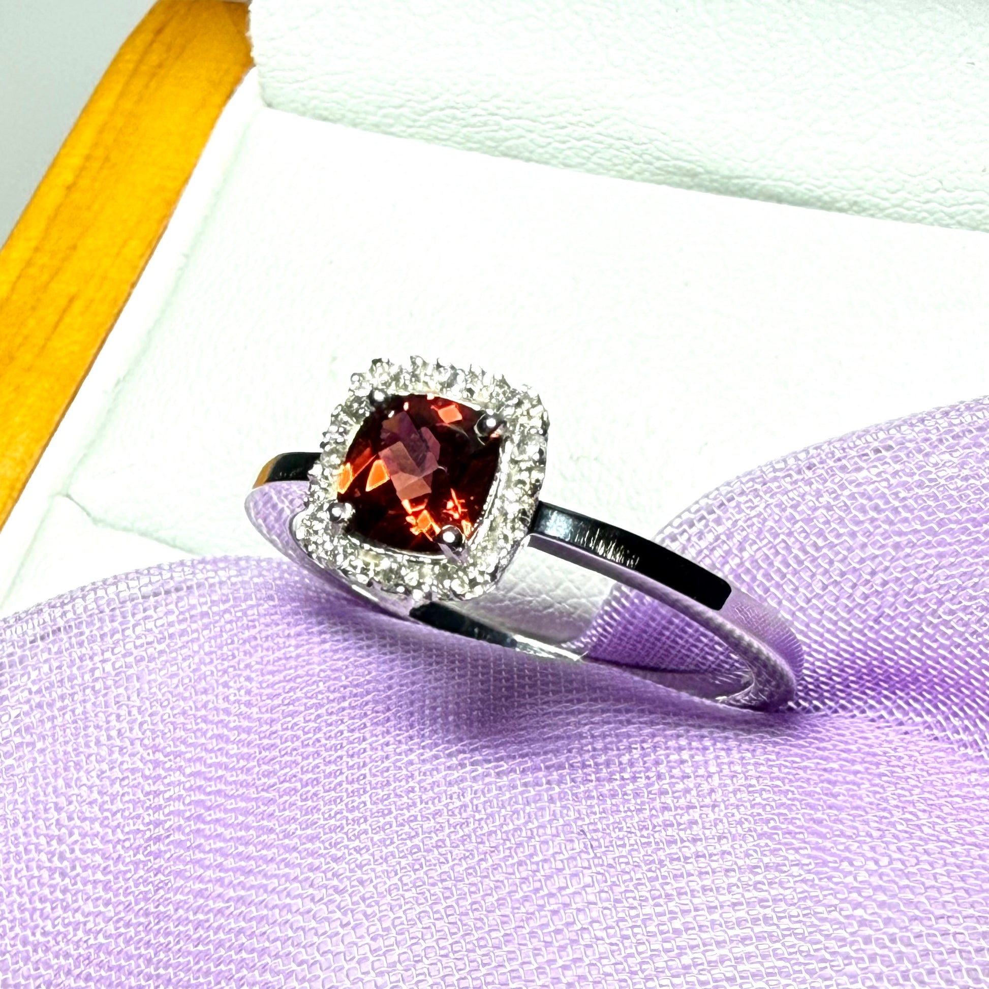 White gold real garnet and diamond cluster ring