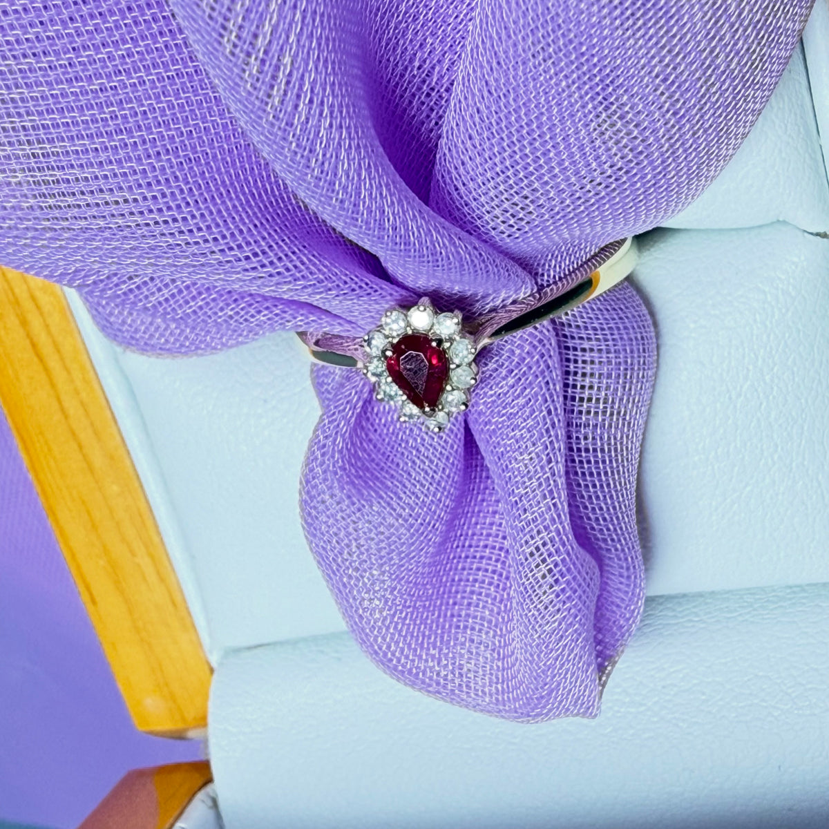 Yellow gold real ruby and real diamond pear teardrop shaped small cluster ring