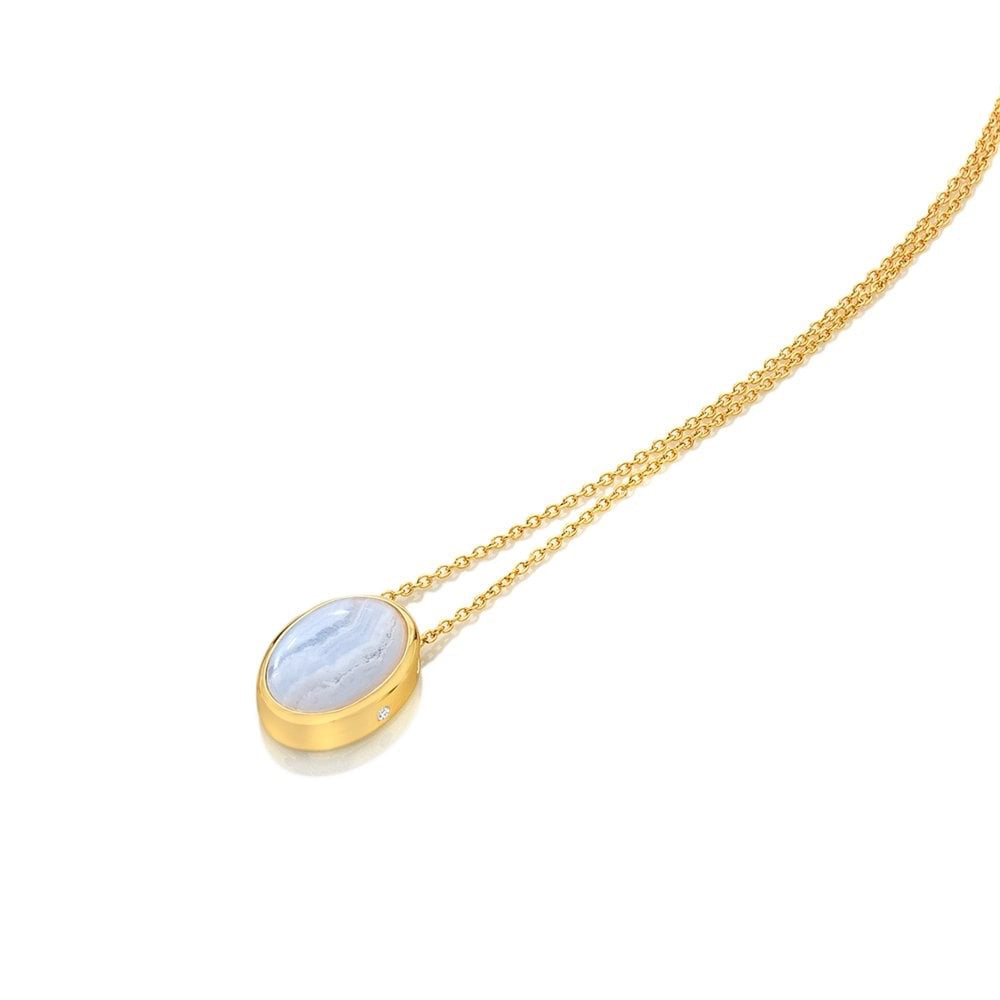 A Real Blue Agate and Diamond Oval Shaped Gold Plated Necklace