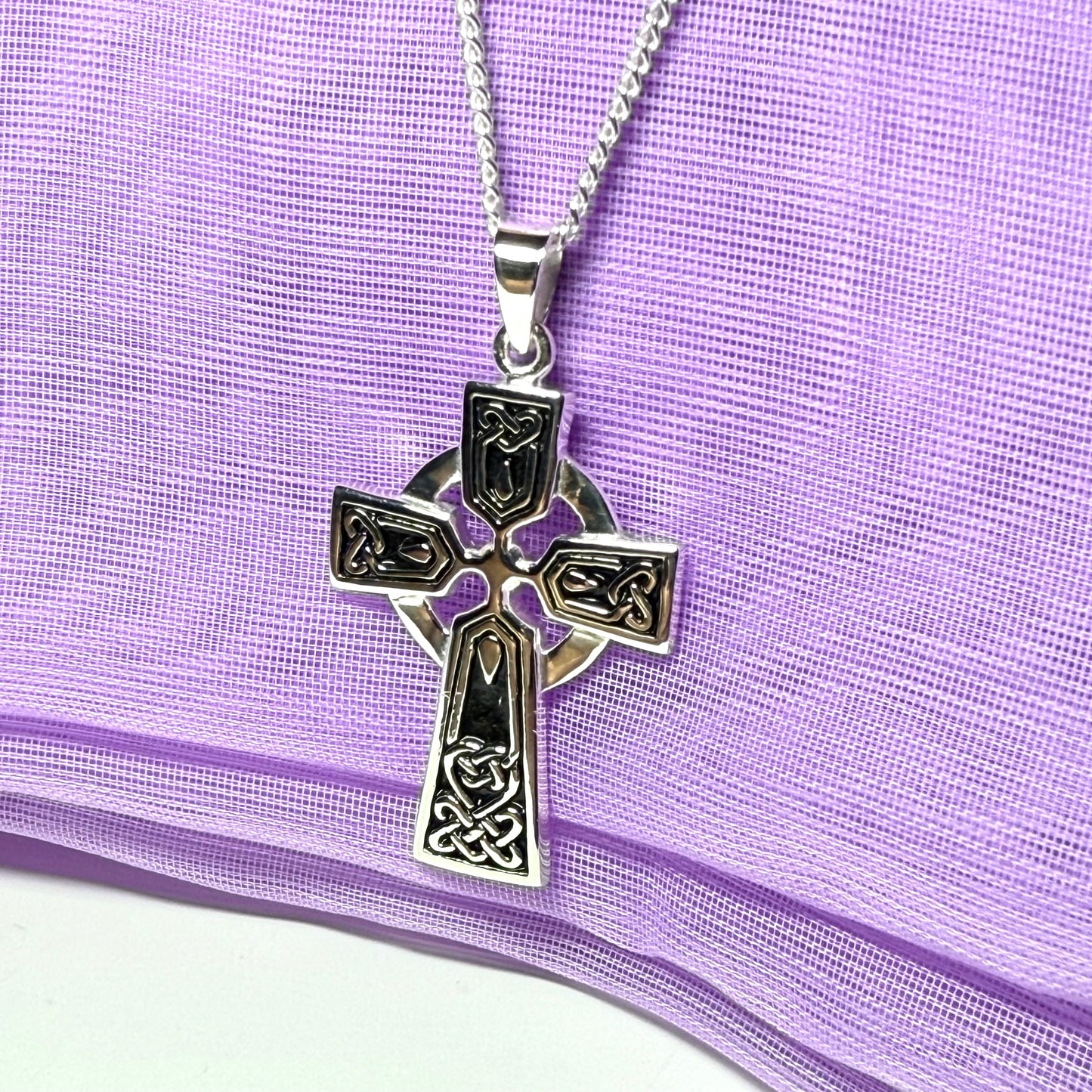 Black enamelled sterling silver Celtic cross including a chain