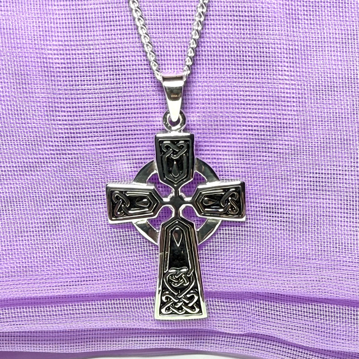 Black enamelled sterling silver Celtic cross including a chain
