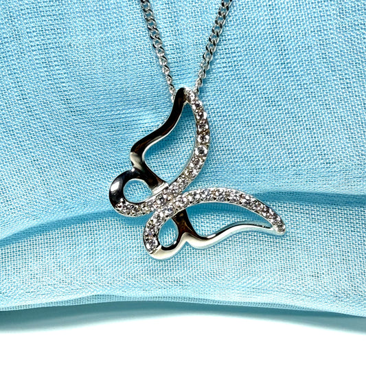 Butterfly shape open necklace cubic zirconia sterling silver pendant