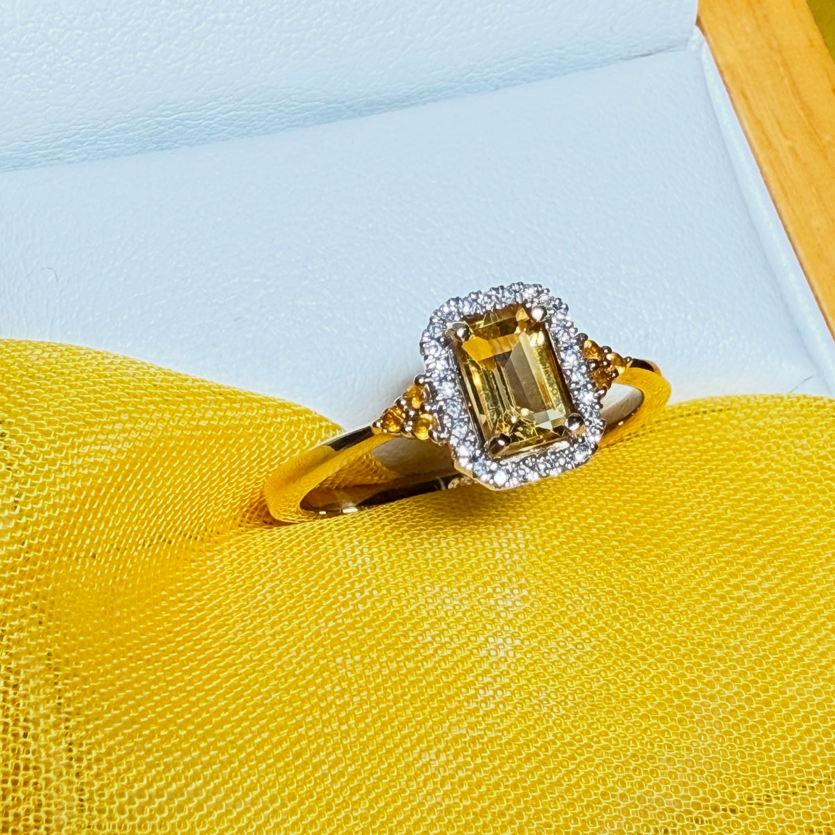 Citrine and diamond yellow gold octagonal cluster ring