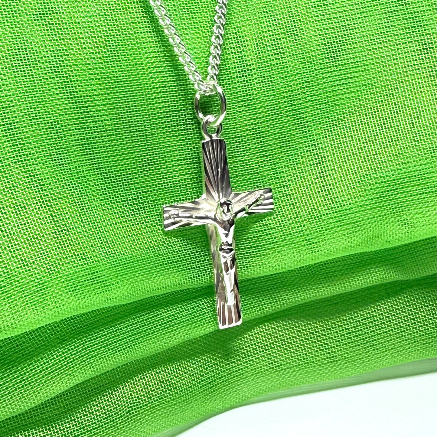 Crucifix with bark effect diamond cut solid sterling silver cross necklace with chain