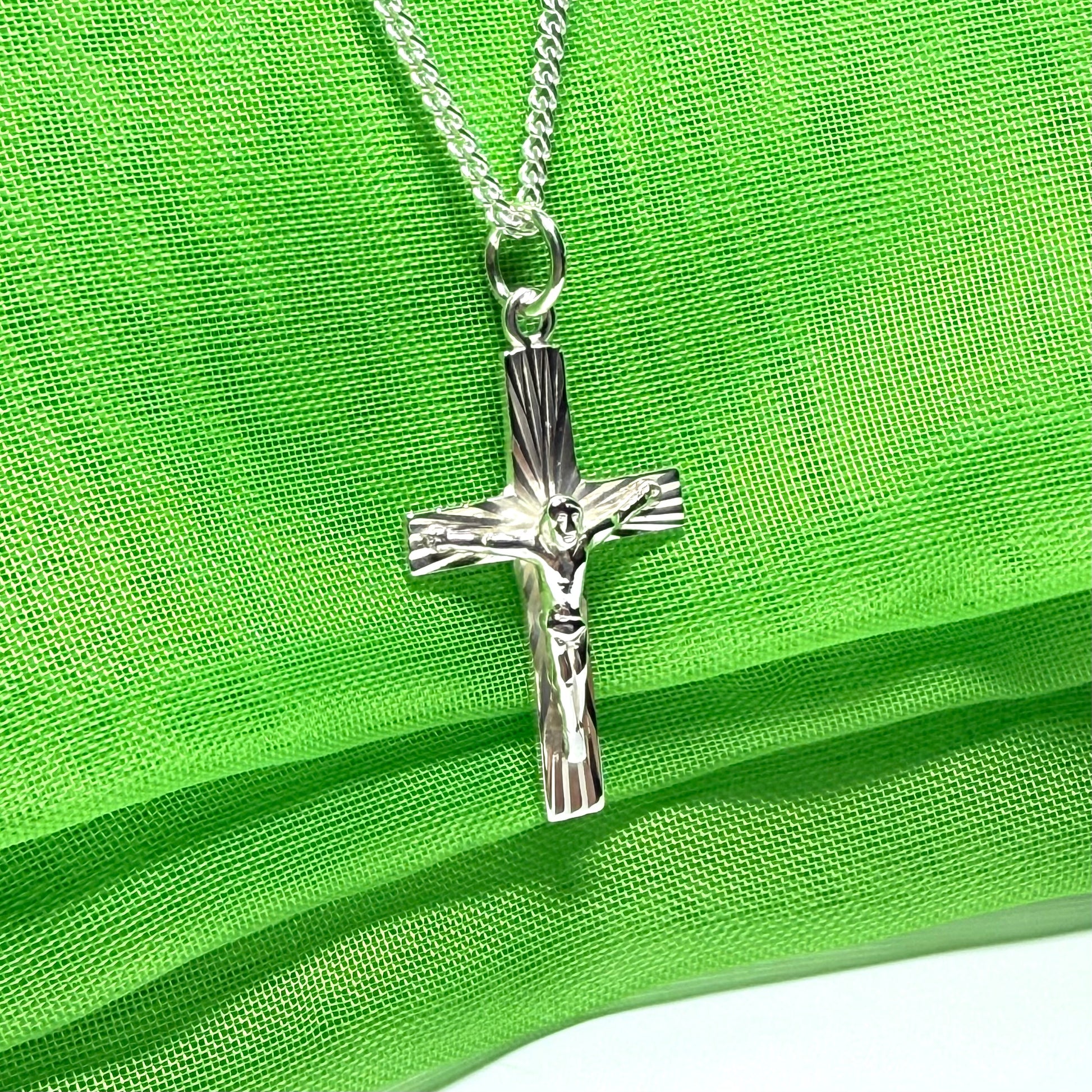 Crucifix with bark effect diamond cut solid sterling silver cross necklace with chain