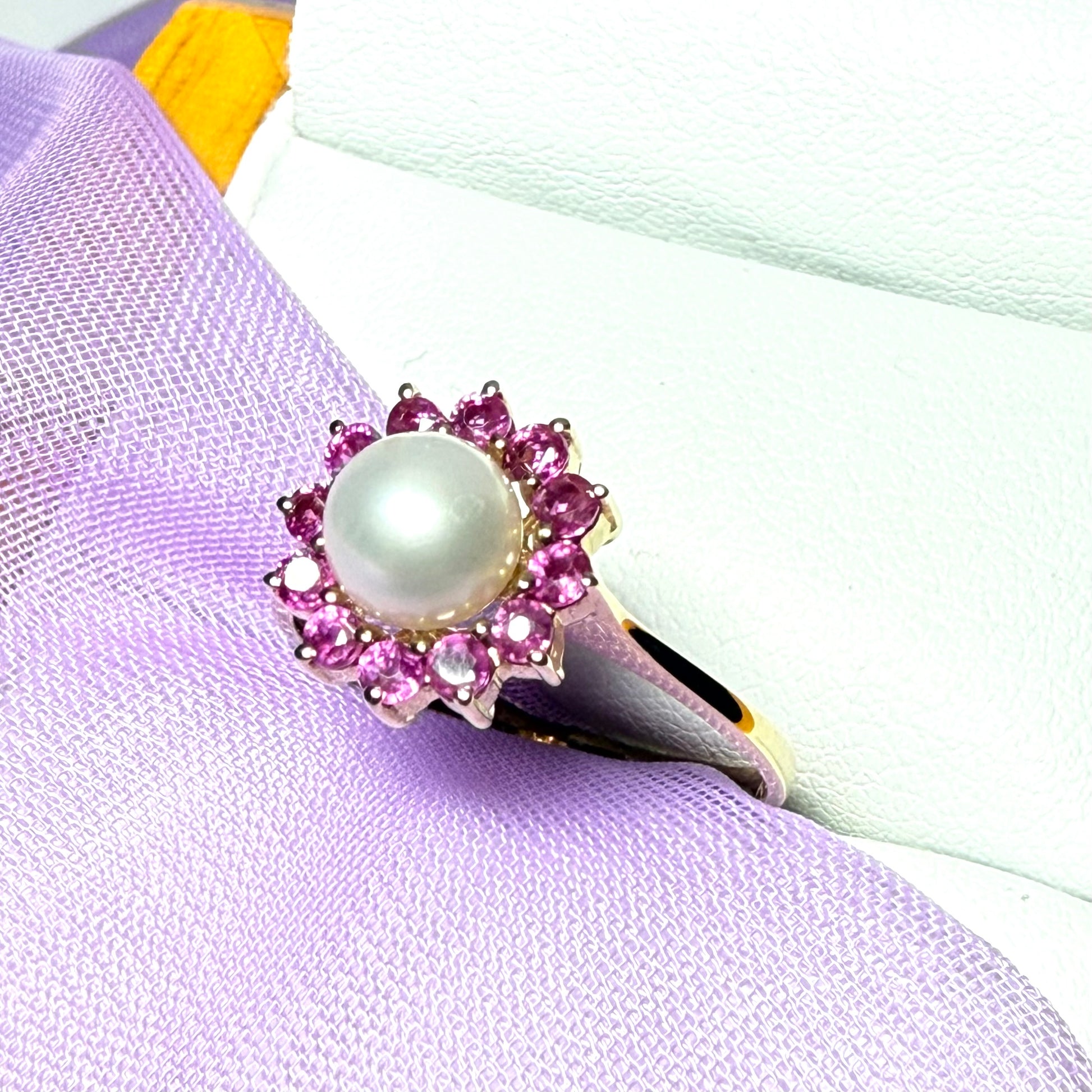Cultured pearl and ruby yellow gold round cluster ring