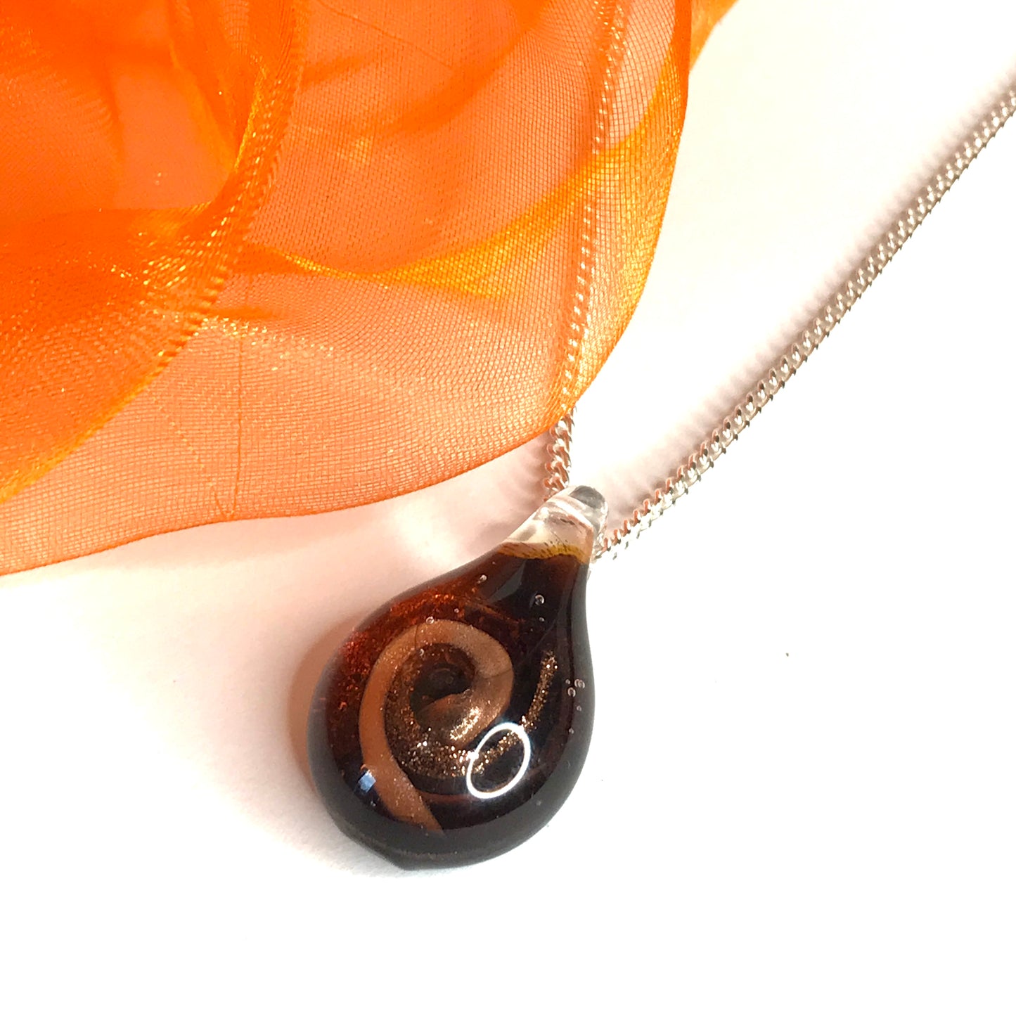 Dark amber coloured real Murano glass necklace tear drop pendant with chain