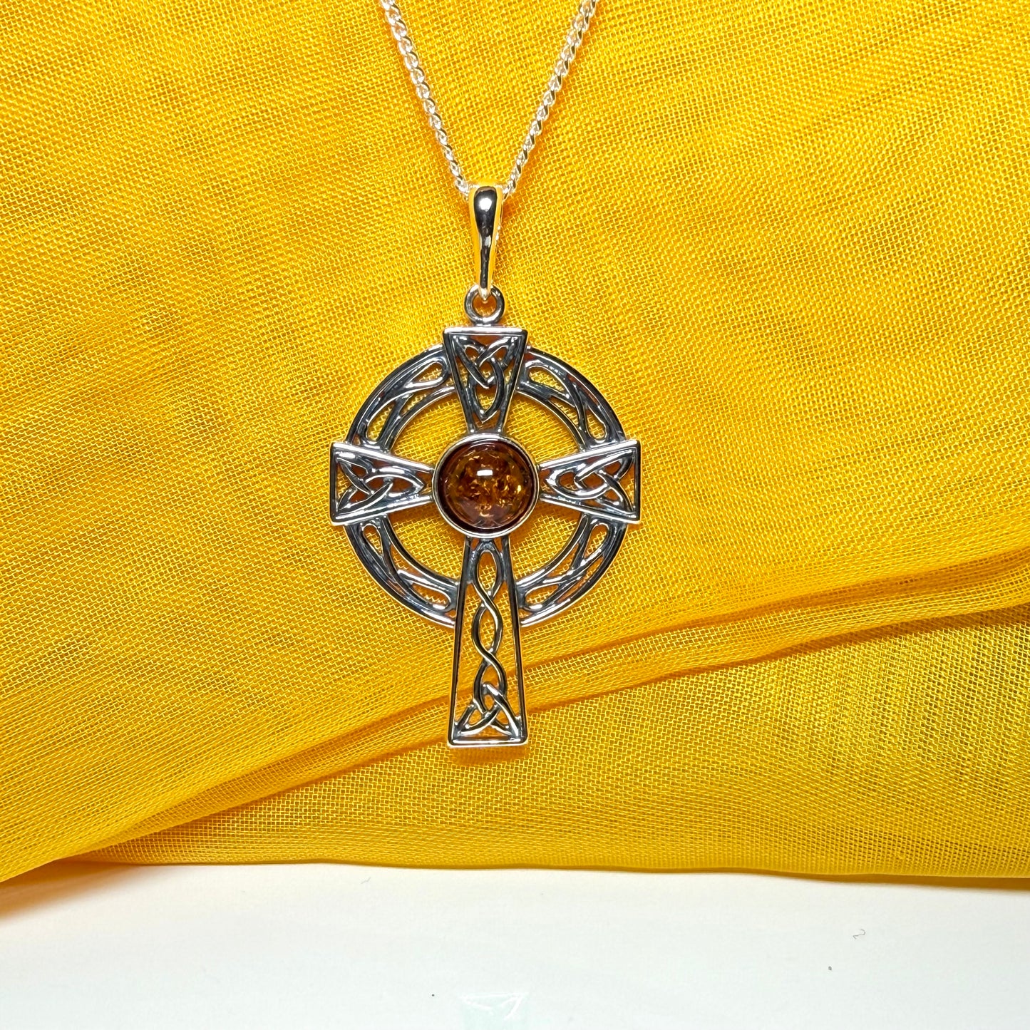 Real amber sterling silver Celtic cross including chain