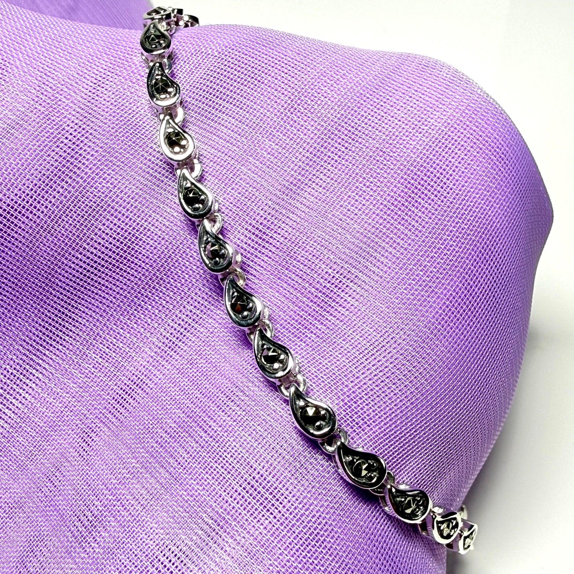 Fancy tear shaped link real marcasite sterling silver bracelet