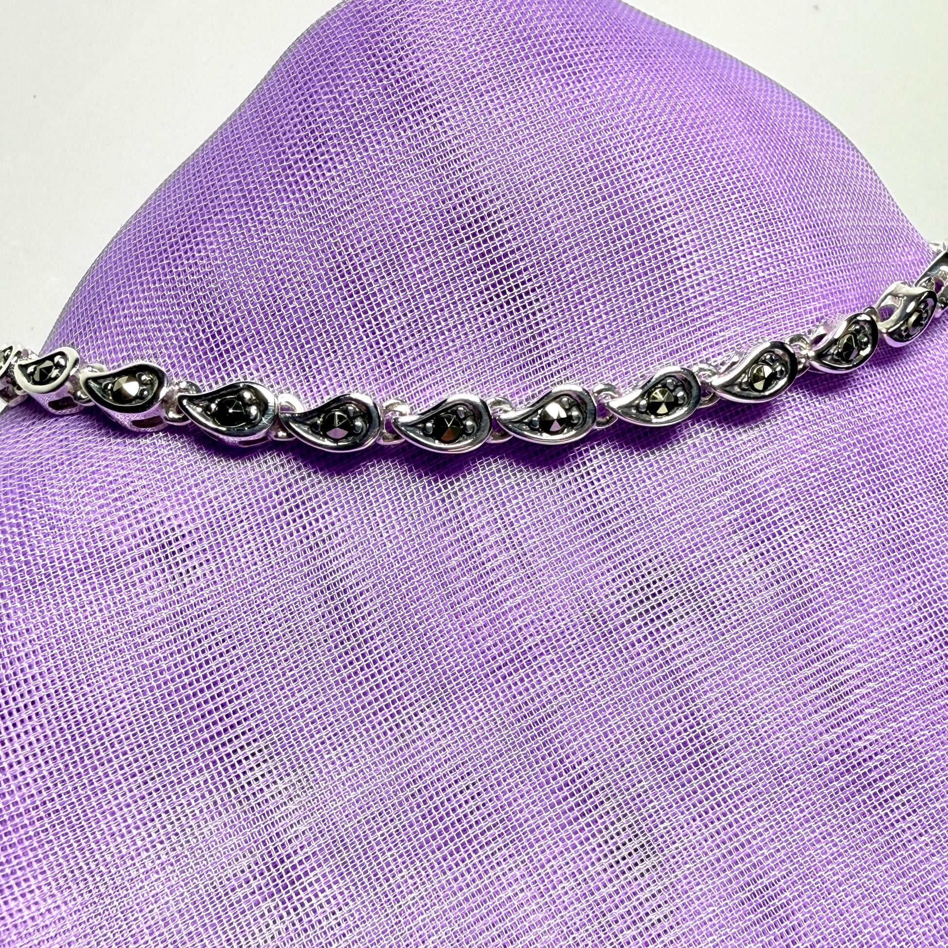 Fancy tear shaped link real marcasite sterling silver bracelet