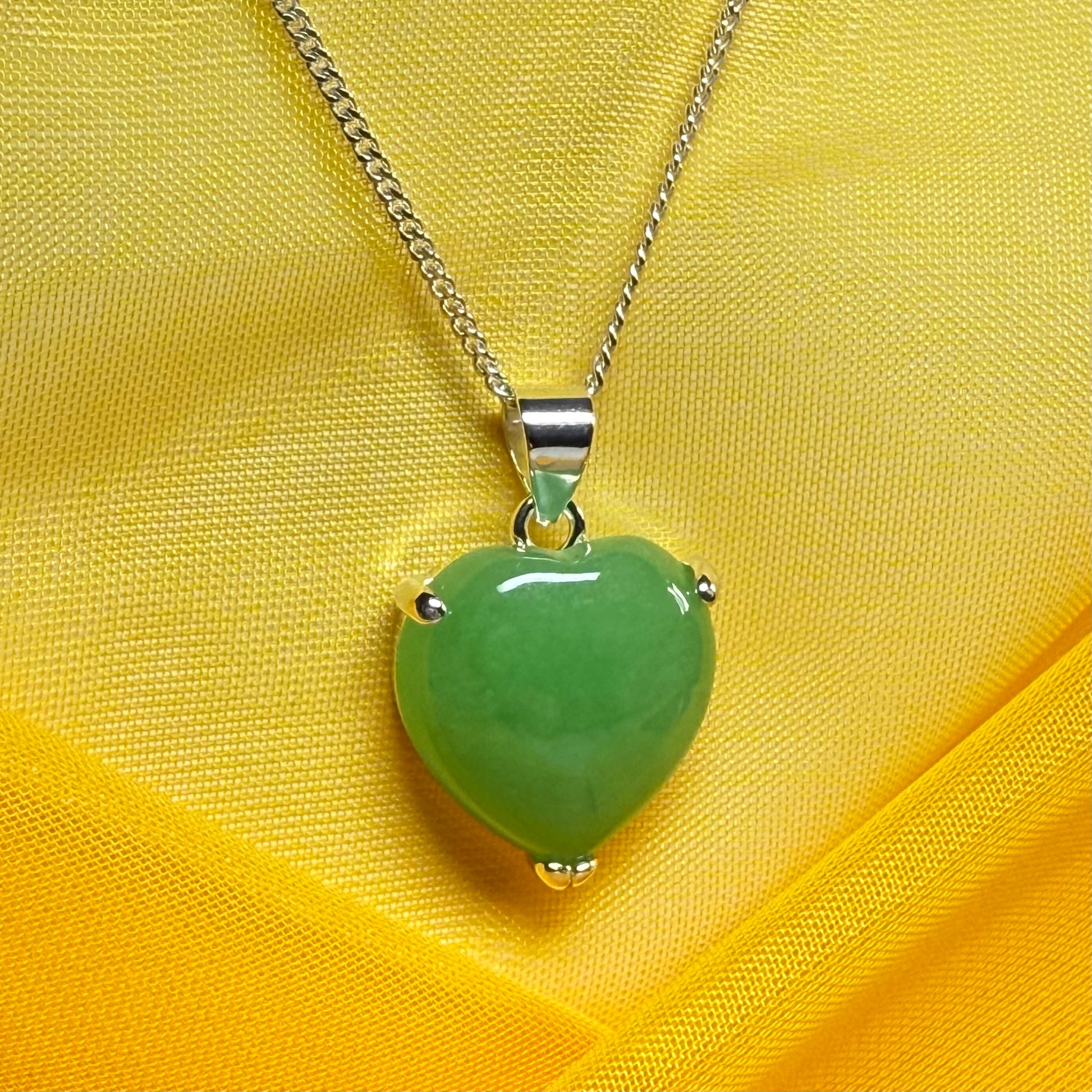 A real green jade necklace heart shaped sterling silver pendant love necklace