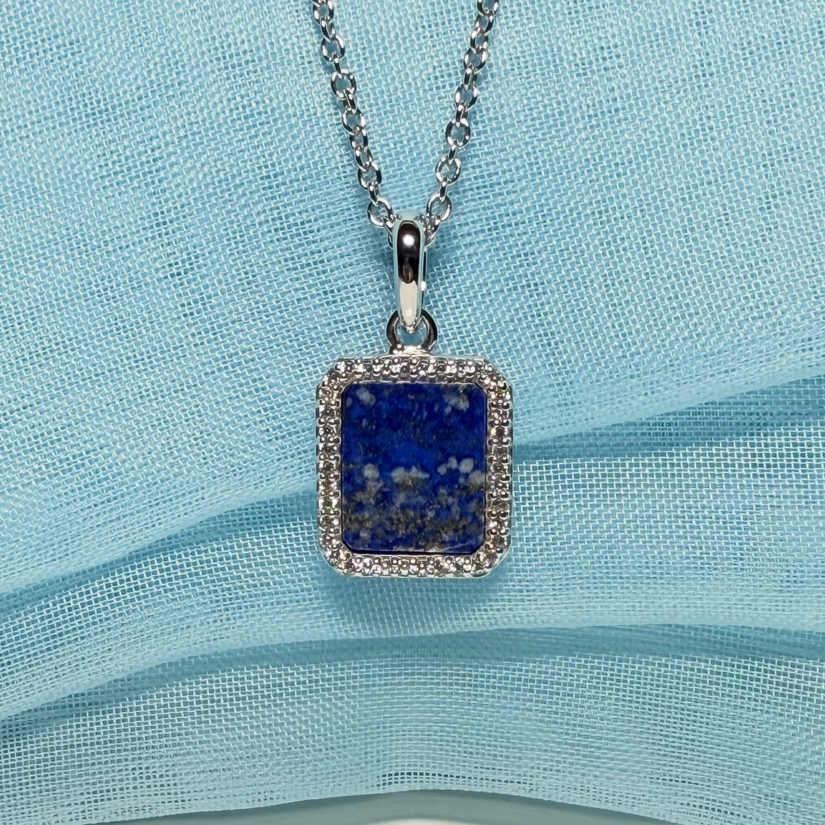 Lapis lazuli and cubic zirconia blue green square necklace sterling silver with chain