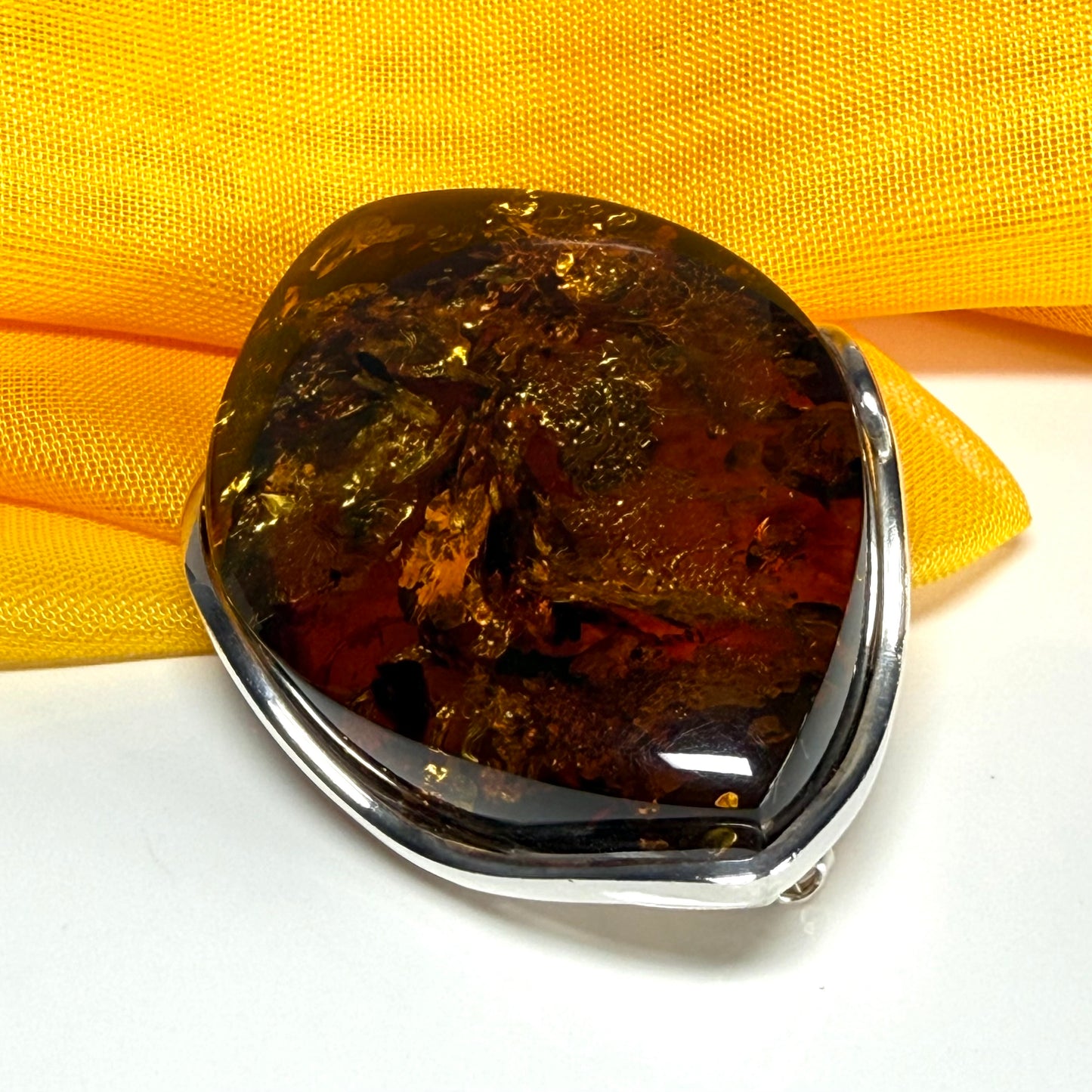 Large brooch real amber marquise shaped sterling silver