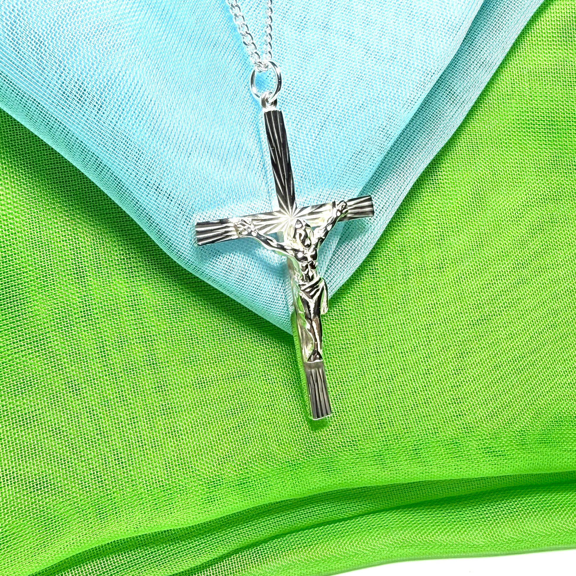 Large crucifix with bark effect diamond cut solid sterling silver cross necklace with chain