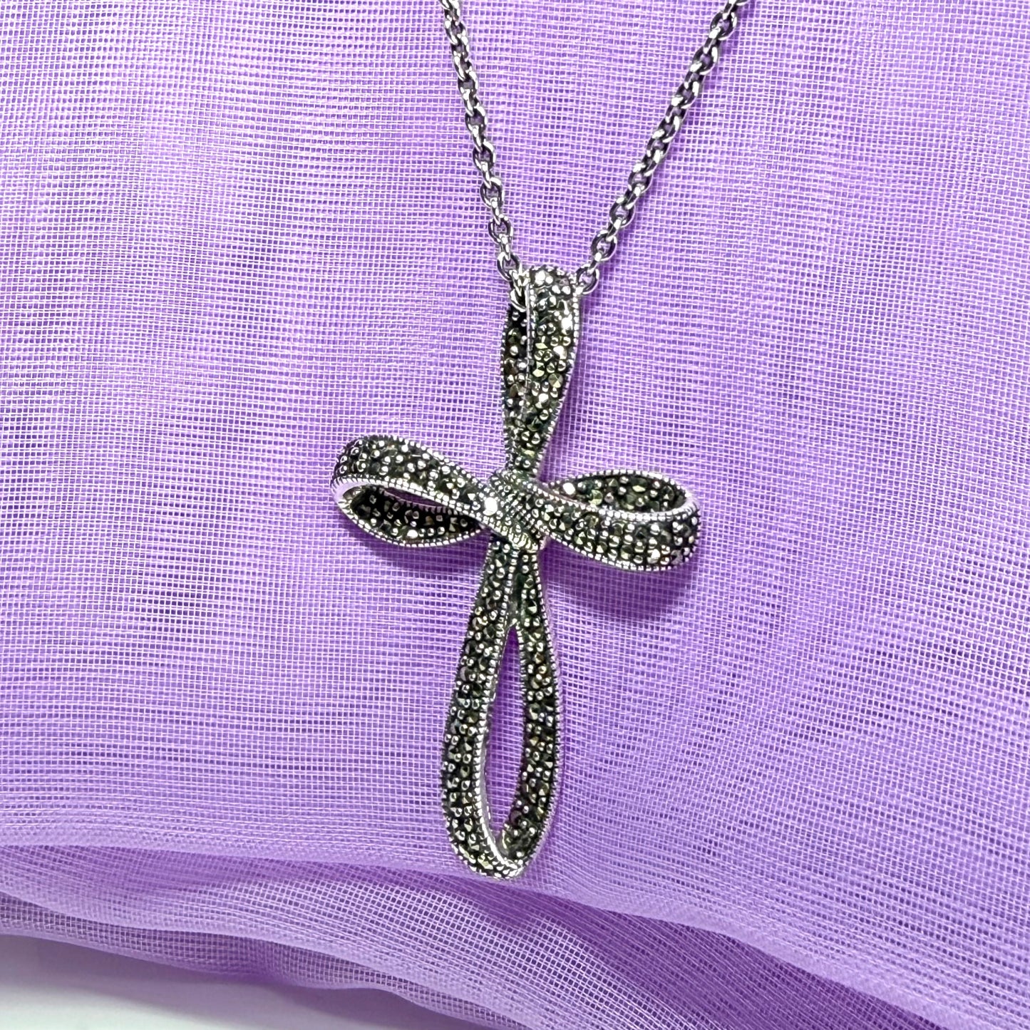 Large fancy shaped real marcasite open cross and chain solid sterling silver