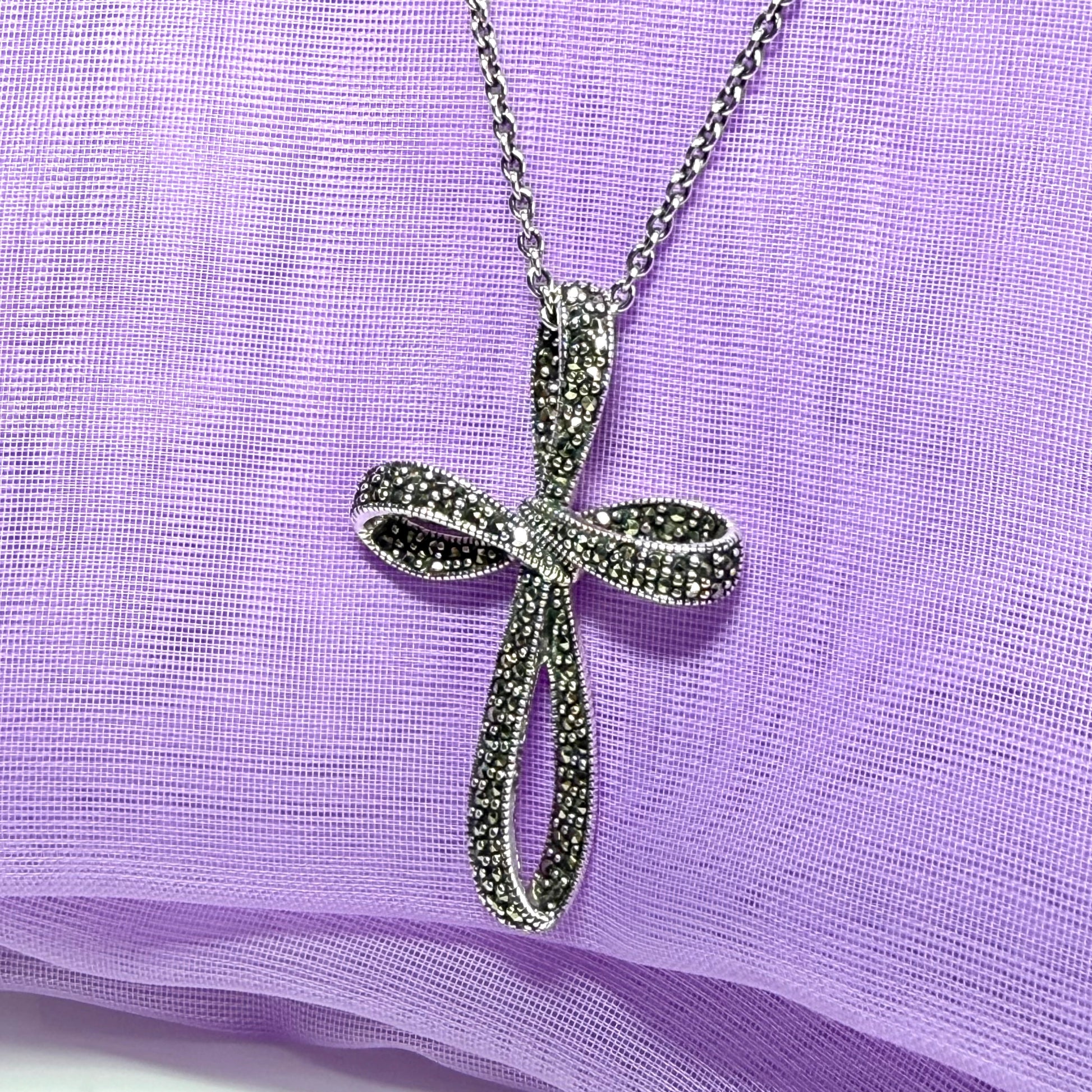 Large fancy shaped real marcasite open cross and chain solid sterling silver