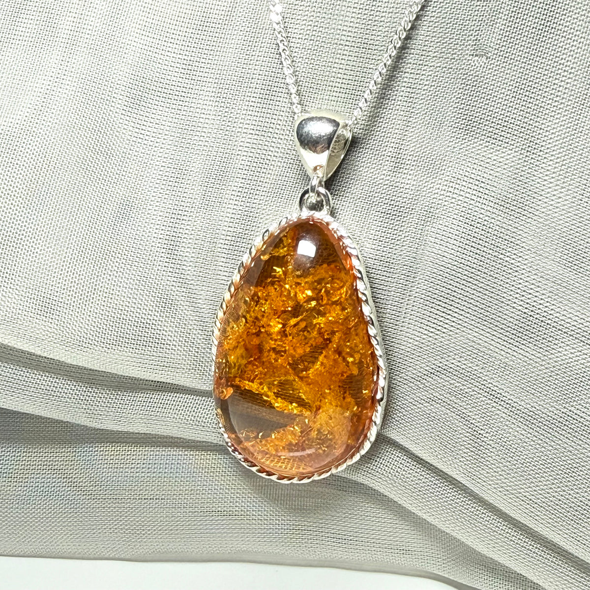 Large necklace real amber irregular shaped pendant sterling silver