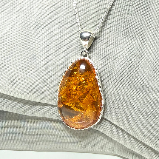 Large necklace real amber irregular shaped pendant sterling silver